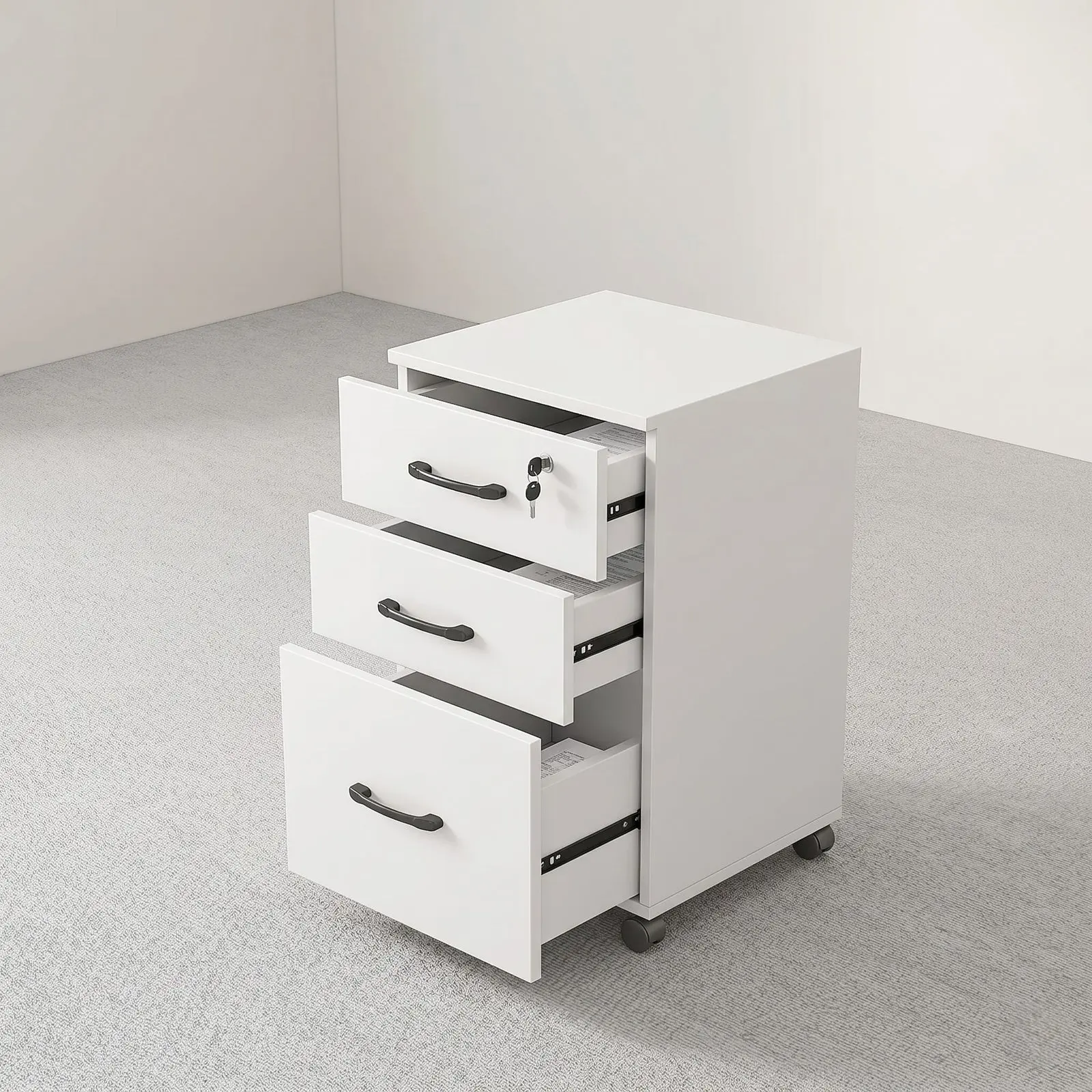 3-Drawer Mobile Pedestal with Lockable Top Drawer – White