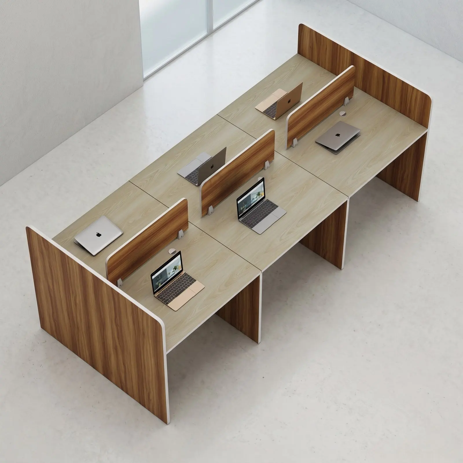 6-Seat Back-to-Back Panel Bench Workstation with Wood Dividers – Maple & Walnut