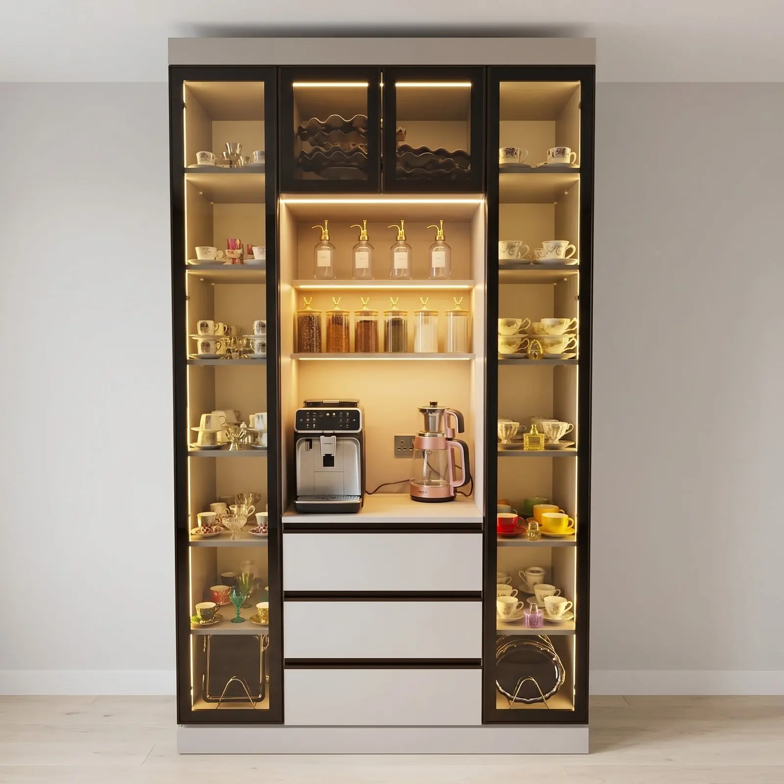 Black Frame Full-Height Tea & Coffee Crockery Display Wall Unit with LED-Lit Open Side Towers, Glass Wine Cabinet, Gold Syrup Dispensers and Three White Drawers