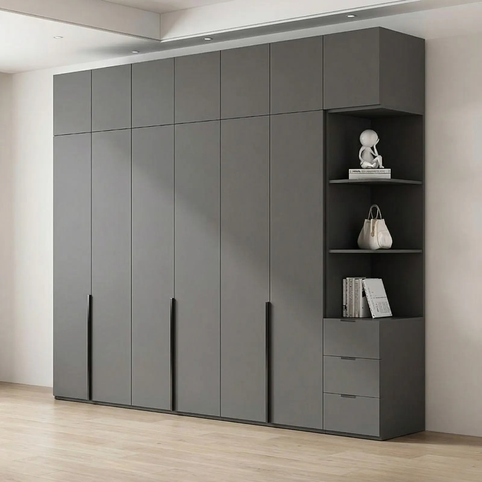 Charcoal Grey Floor-to-Ceiling Wardrobe with Loft Cabinets, Open Side Display Tower and Three Base Drawers