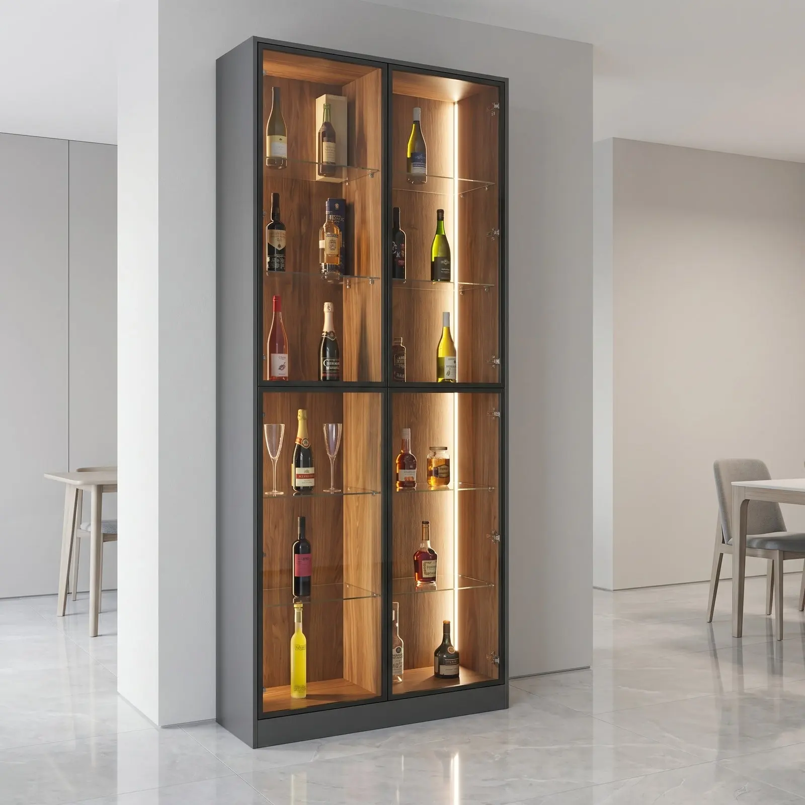 Charcoal & Walnut Full-Height Four-Door Glass Wine & Spirit Display Cabinet with LED Strip Lighting and Glass Shelves