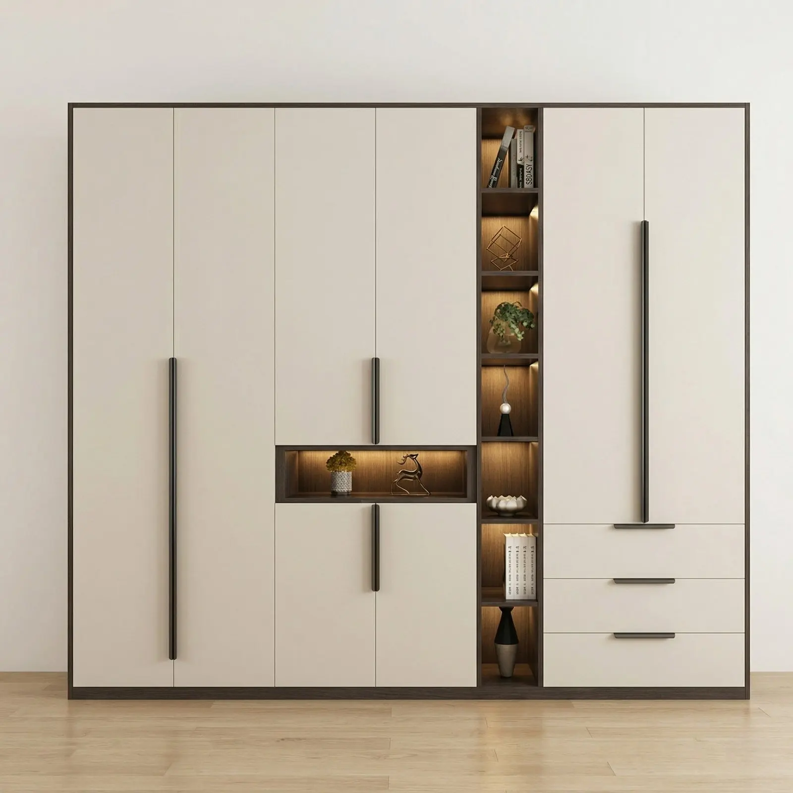 Cream & Dark Bronze Wardrobe with LED-Lit Open Display Tower, Recessed Niche and Three Base Drawers