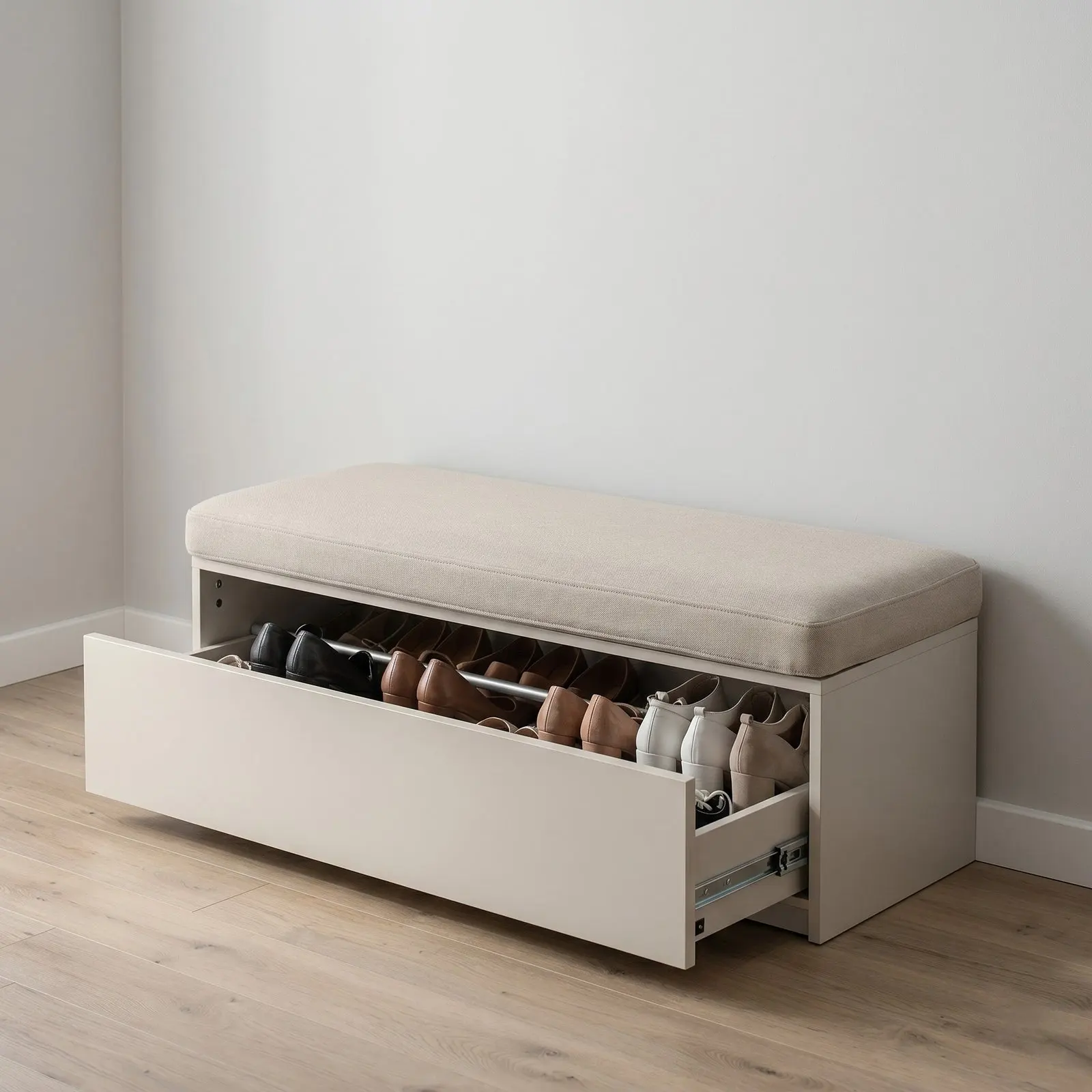 Cream Matte Upholstered Shoe Storage Bench with Full-Width Pull-Out Shoe Drawer and Linen Seat Cushion