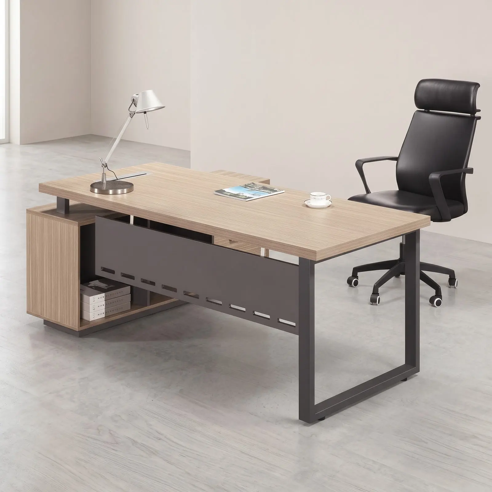 Executive Desk with Ribbed Door Cabinet & Perforated Modesty Panel – Oak & Charcoal