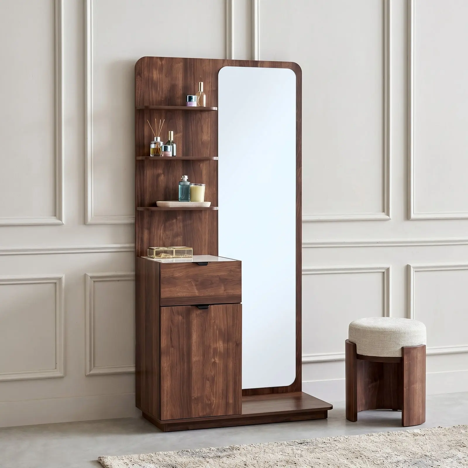Freestanding Walnut Dressing Unit with Rounded Mirror, Open Shelves & Cabinet