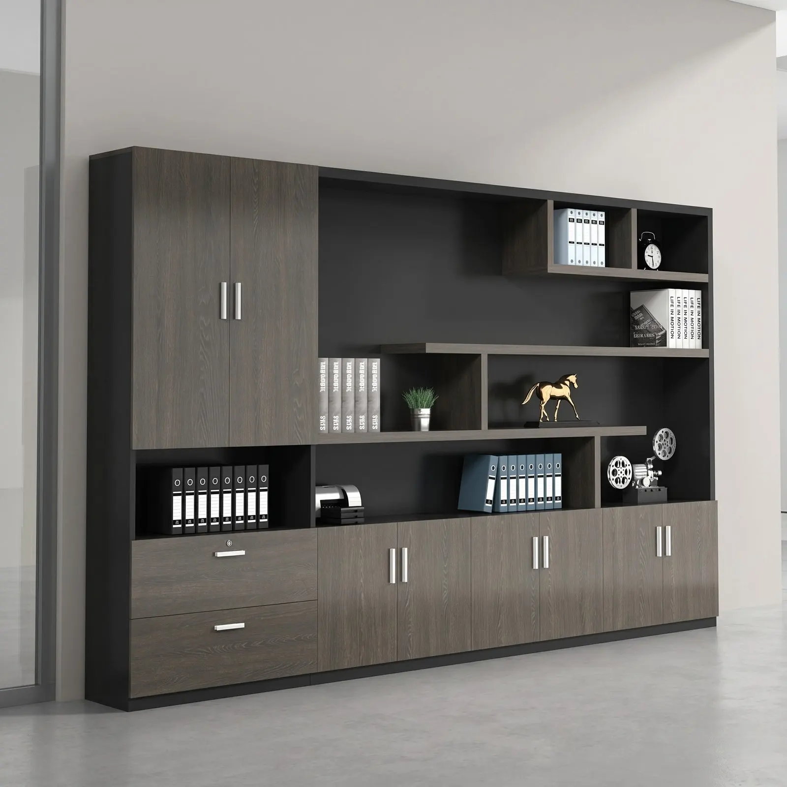 Full Wall Office Storage Unit with Open Shelving & Cabinets