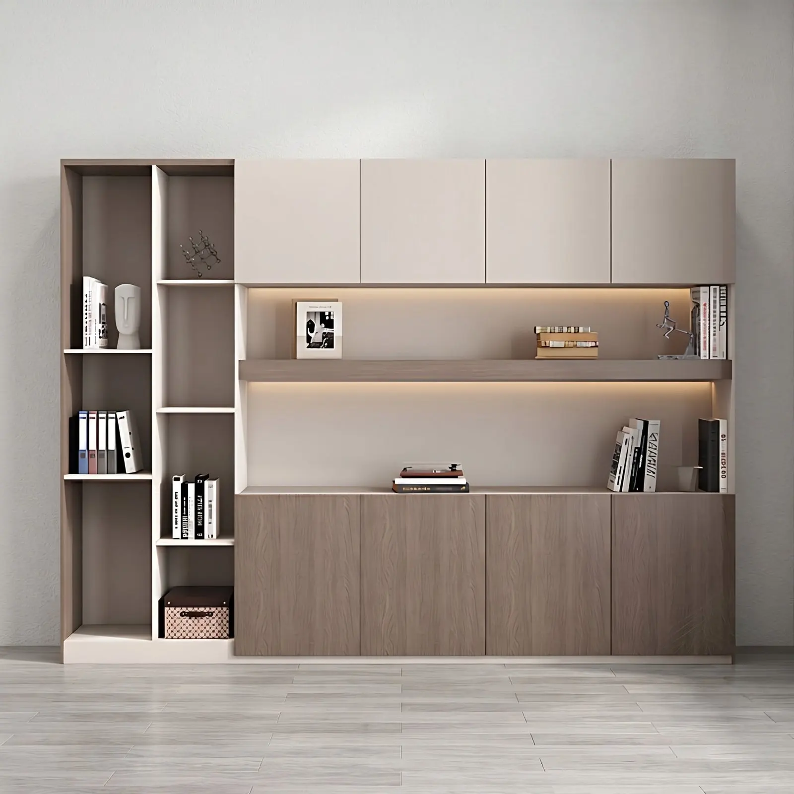 Full Wall Storage System with LED Shelving & Mixed Cabinets – Taupe & Oak