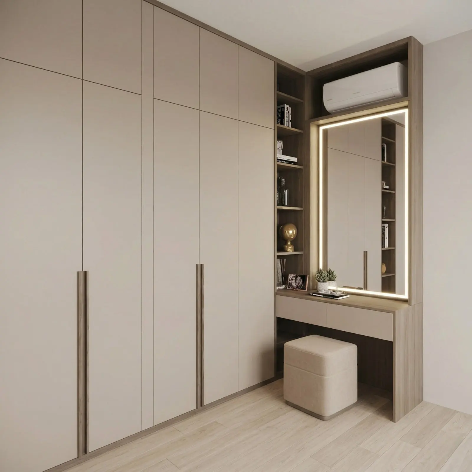 Greige Floor-to-Ceiling Wardrobe with Integrated Walnut Dressing Table, LED Mirror and Open Display Shelves