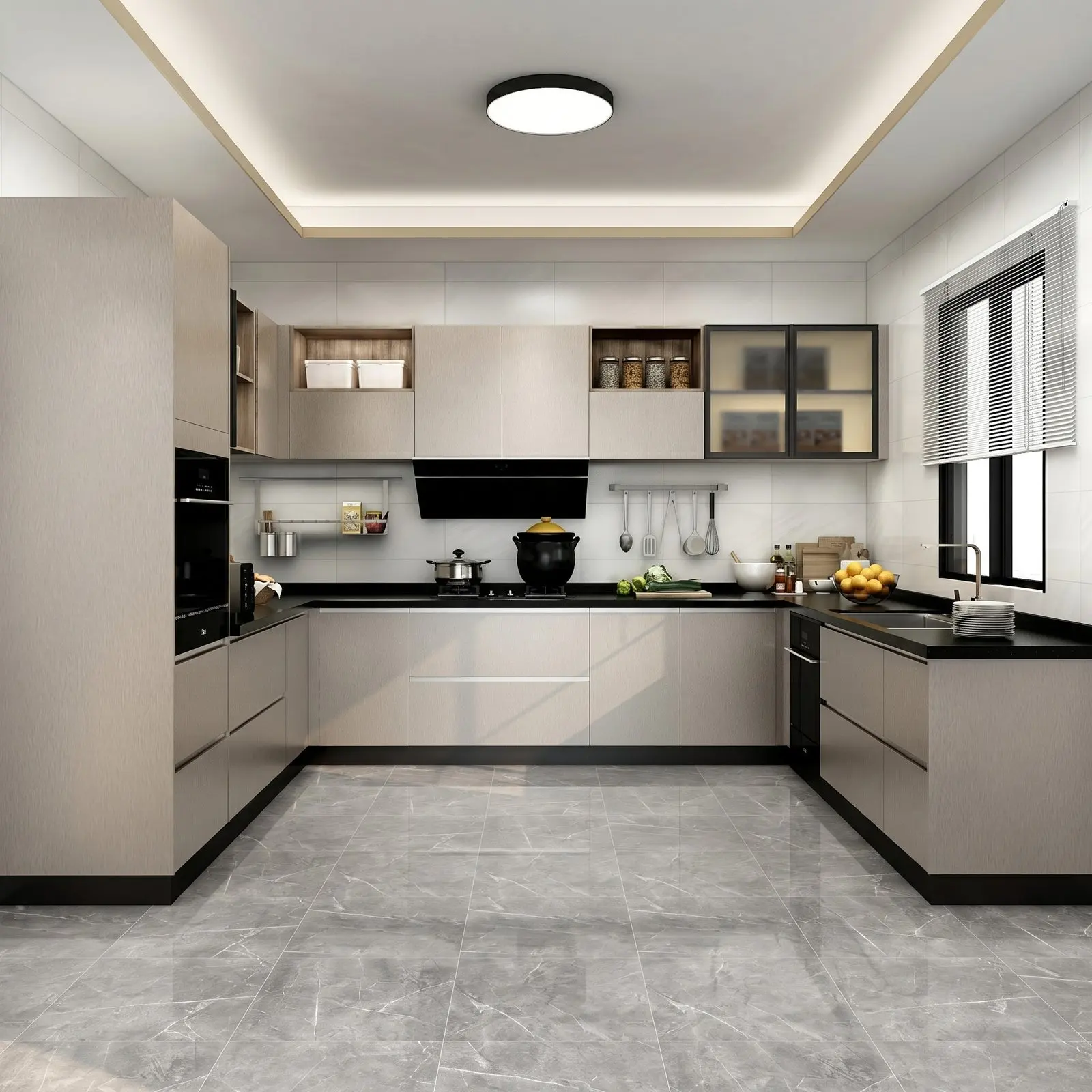 Greige Gloss U-Shaped Modular Kitchen with Black Granite Countertop, Open Display Cabinets, Frosted Glass Cabinets and Full Appliance Tower