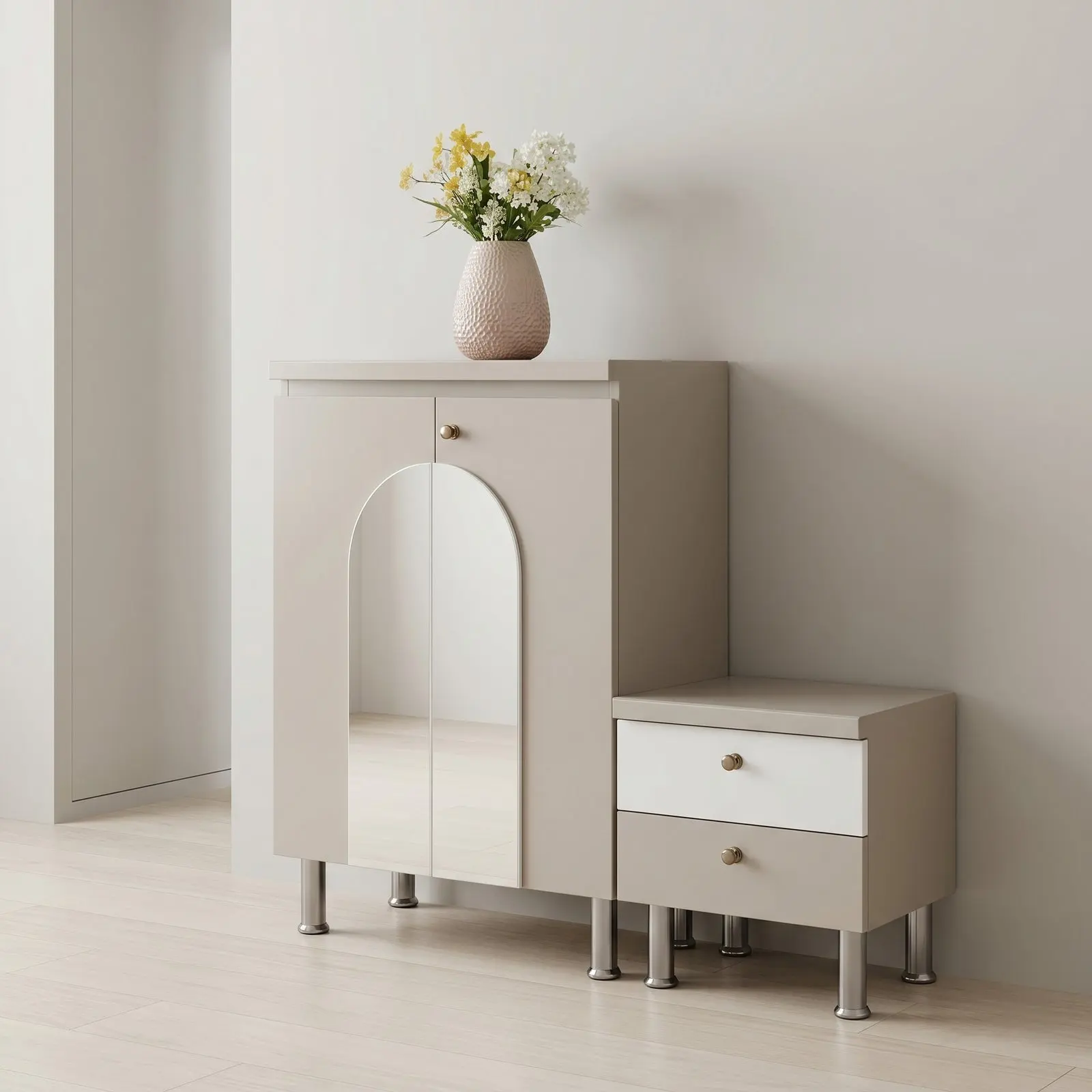 Greige Matte Arched-Door Shoe Cabinet with Two White Drawers, Open Display Top and Chrome Legs