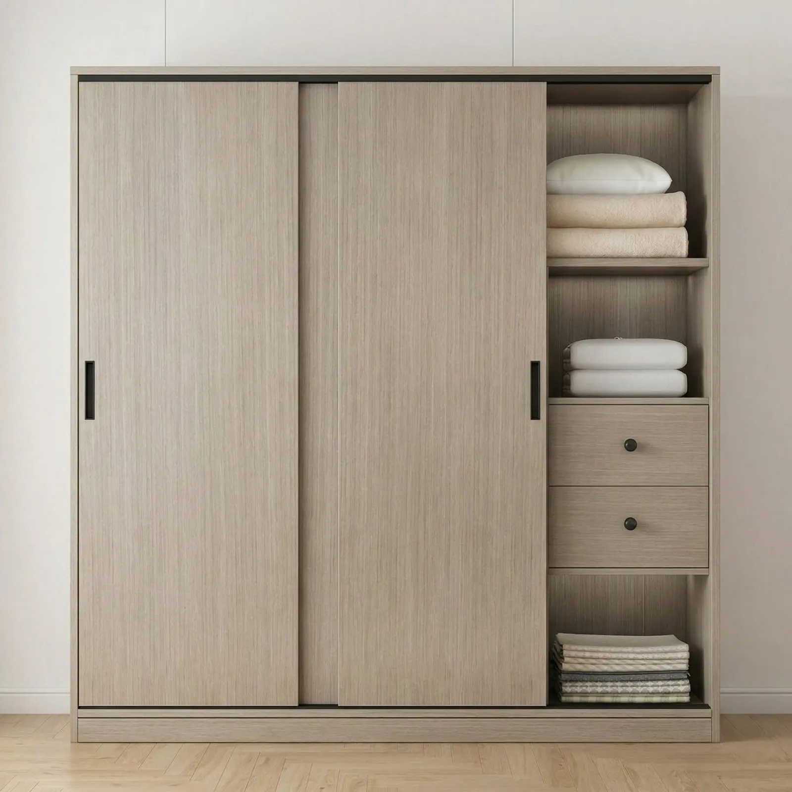 Greige Oak Two-Door Sliding Wardrobe with Open Side Shelves, Two Drawers and Black Recessed Handles