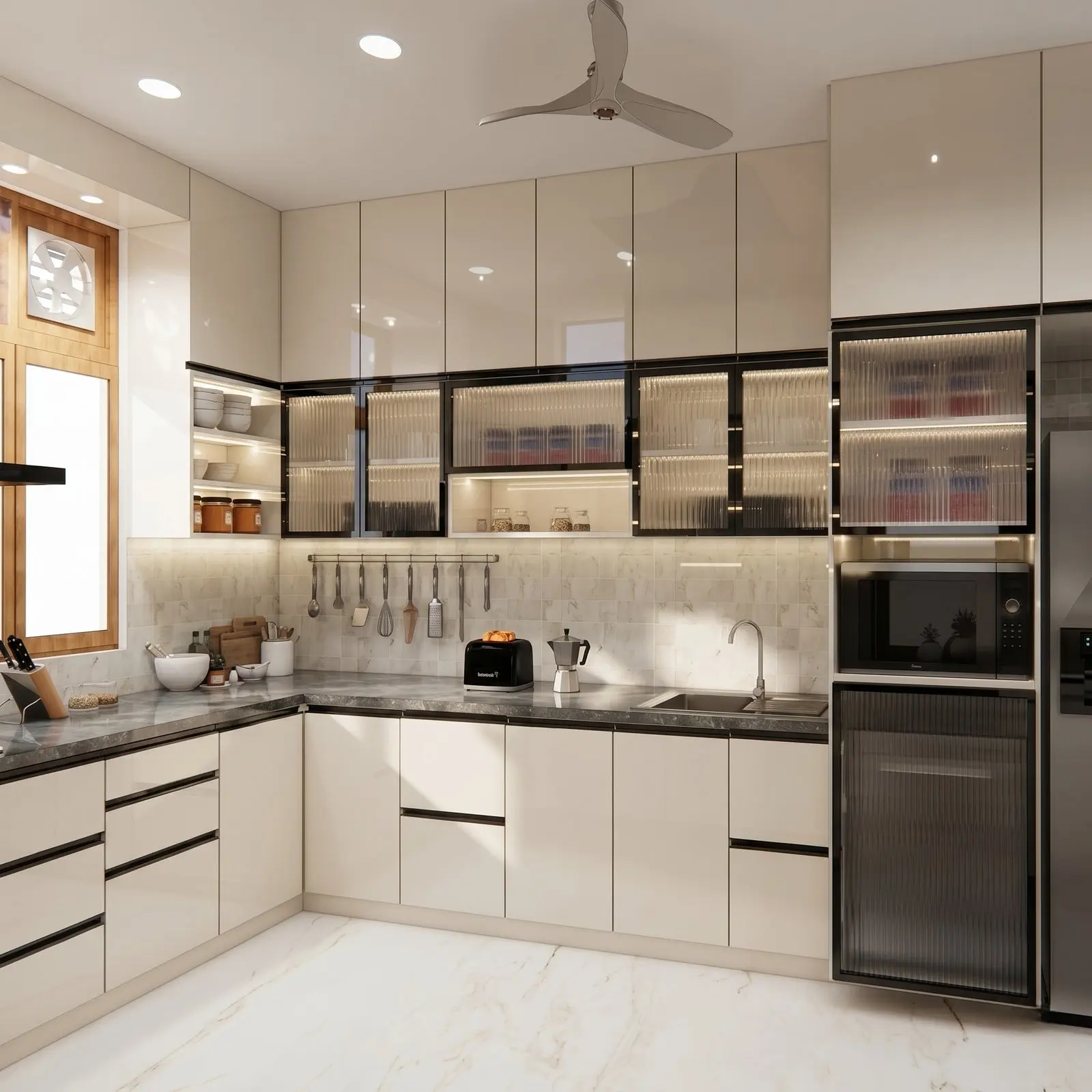 Ivory Gloss L-Shaped Modular Kitchen with Fluted Glass Display Cabinets, Dark Marble Countertop and Integrated Appliance Tower