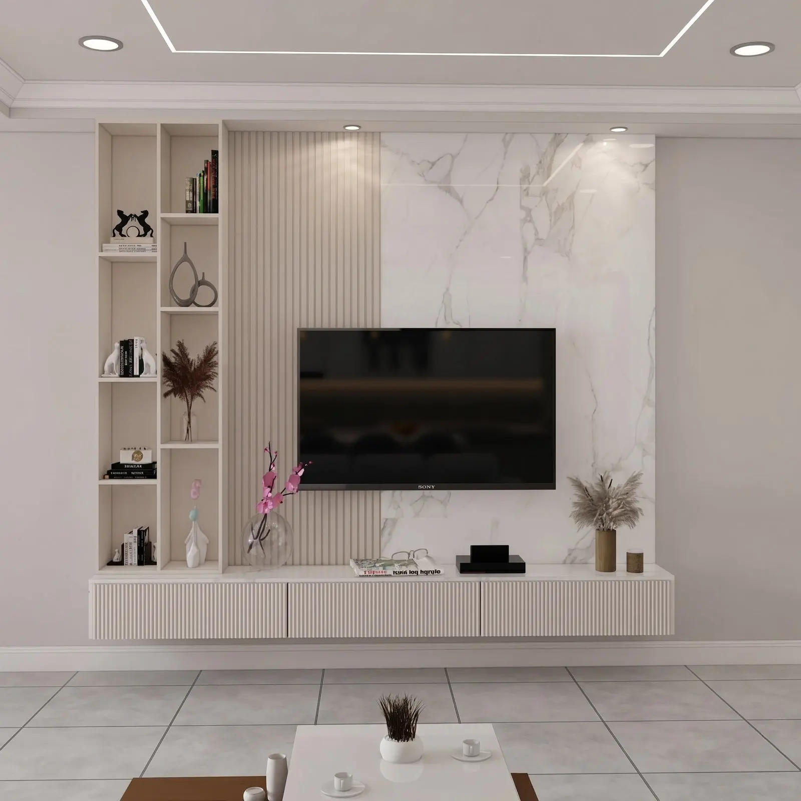 Ivory & Marble TV Wall Unit with Fluted Panels and Open Bookshelf