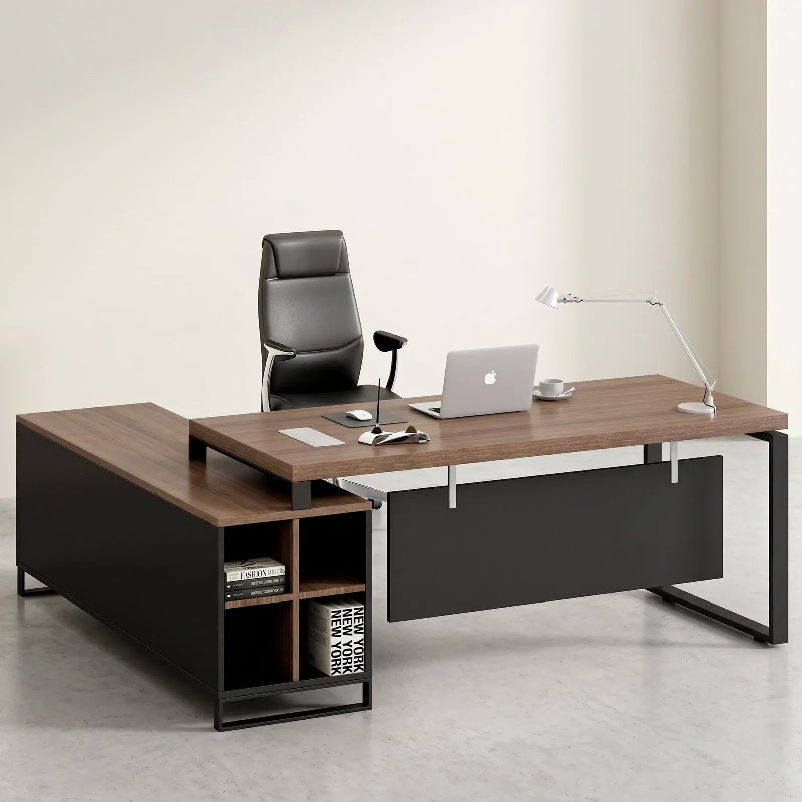 L-Shaped Boss Desk with Open Shelving Return & Sled Frame – Dark Walnut & Black