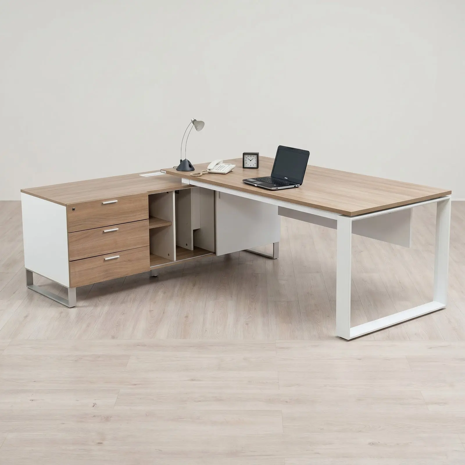 L-Shaped Executive Desk with Credenza & Open Shelving – Oak & White