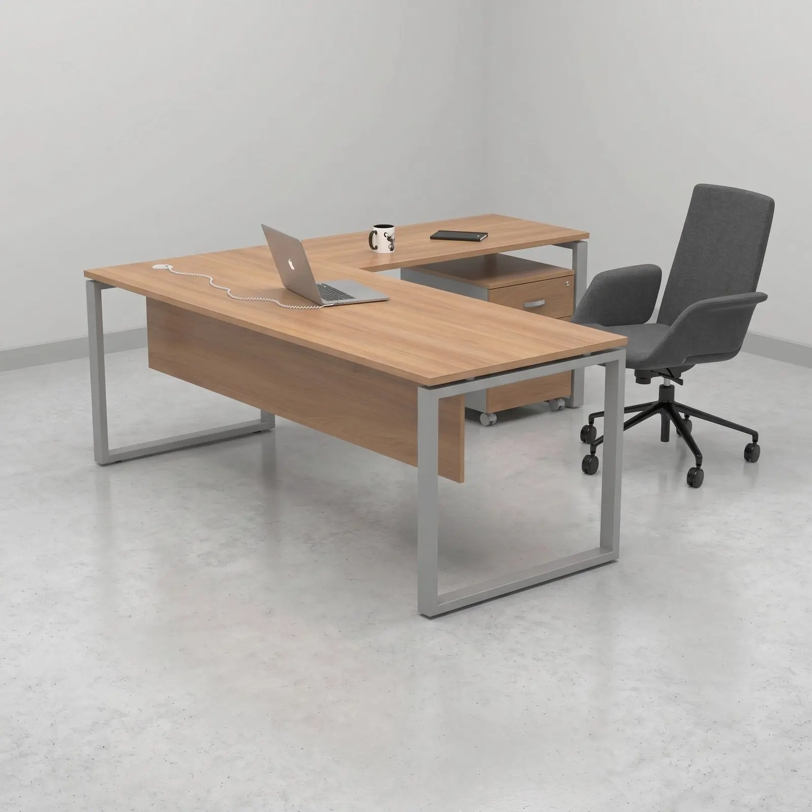 L-Shaped Executive Desk with Elevated Return Shelf & Mobile Pedestal – Oak & Silver