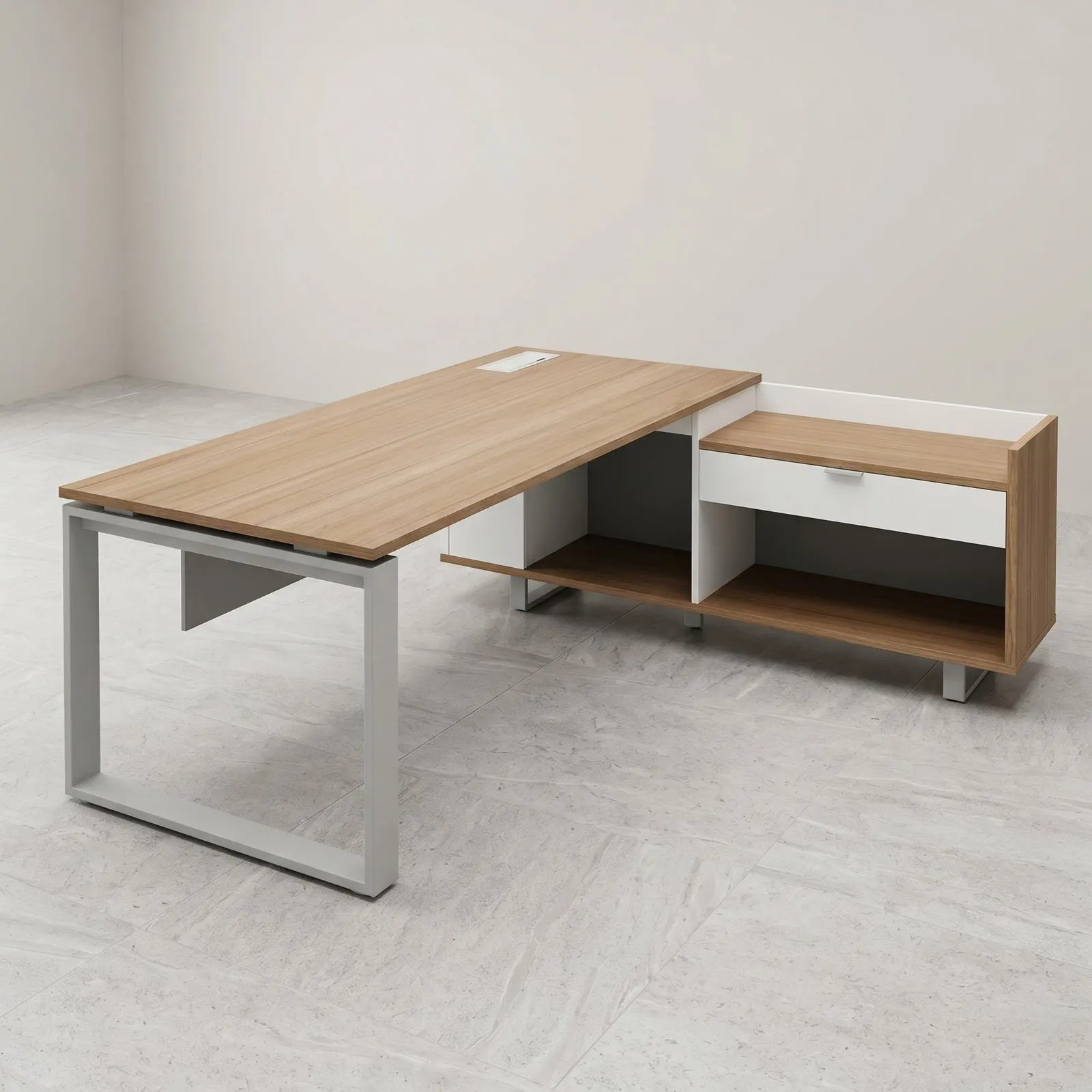 L-Shaped Executive Desk with Integrated Storage Return & Cable Port – Oak & White