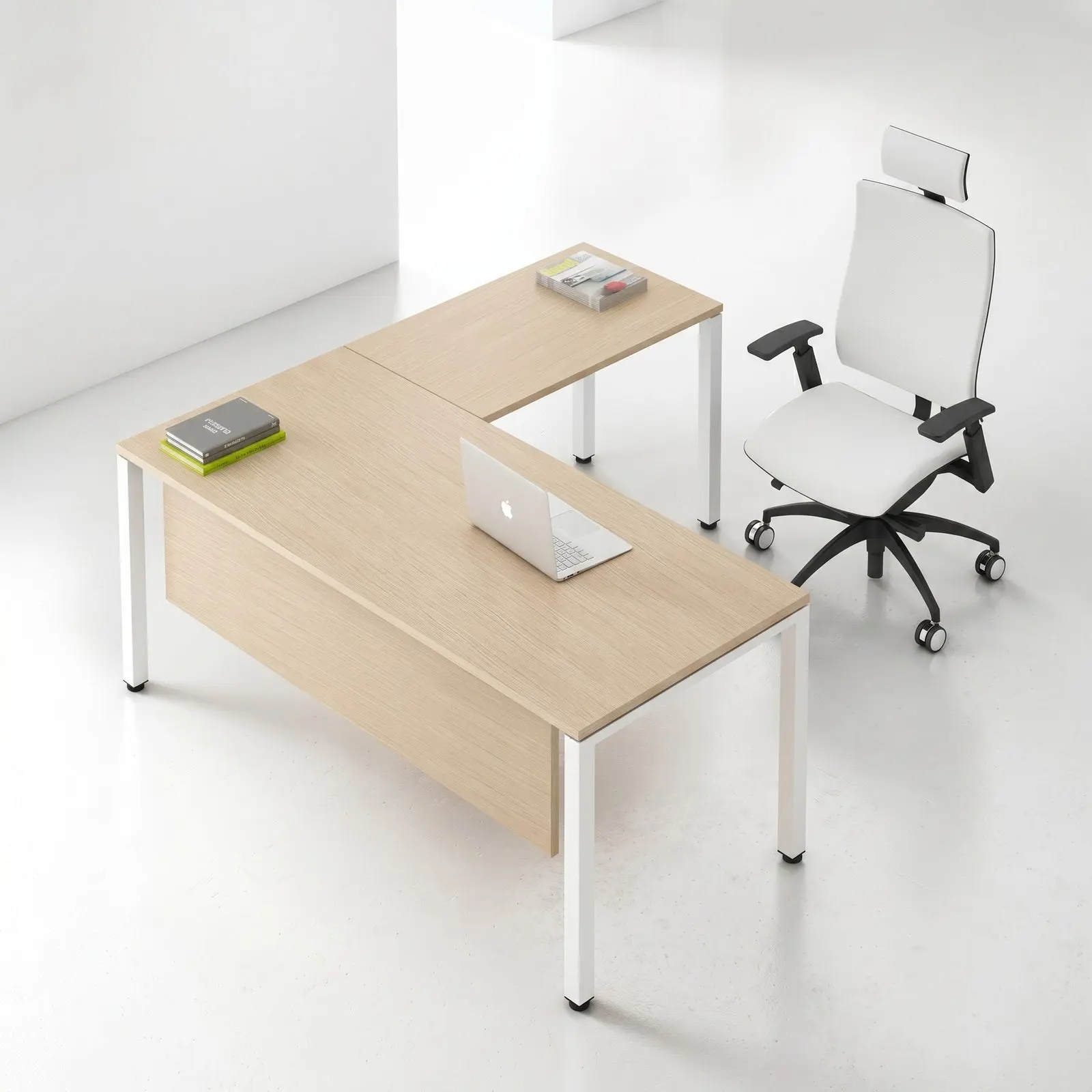 L-Shaped Executive Desk with Modesty Panel – Light Maple & White