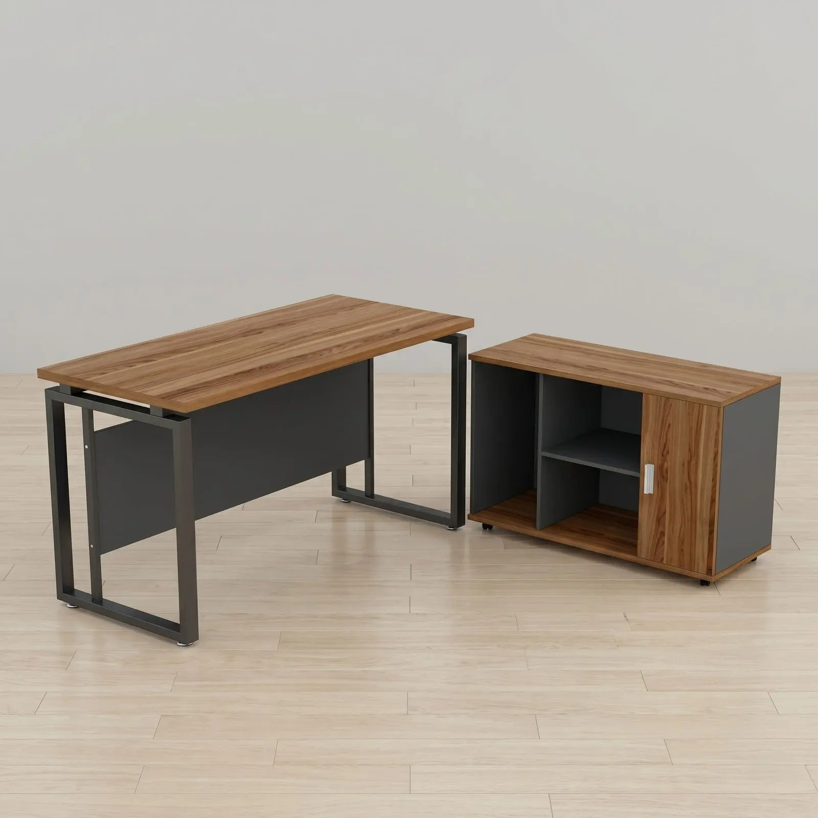 L-Shaped Executive Desk with Sliding Door Credenza – Walnut & Charcoal