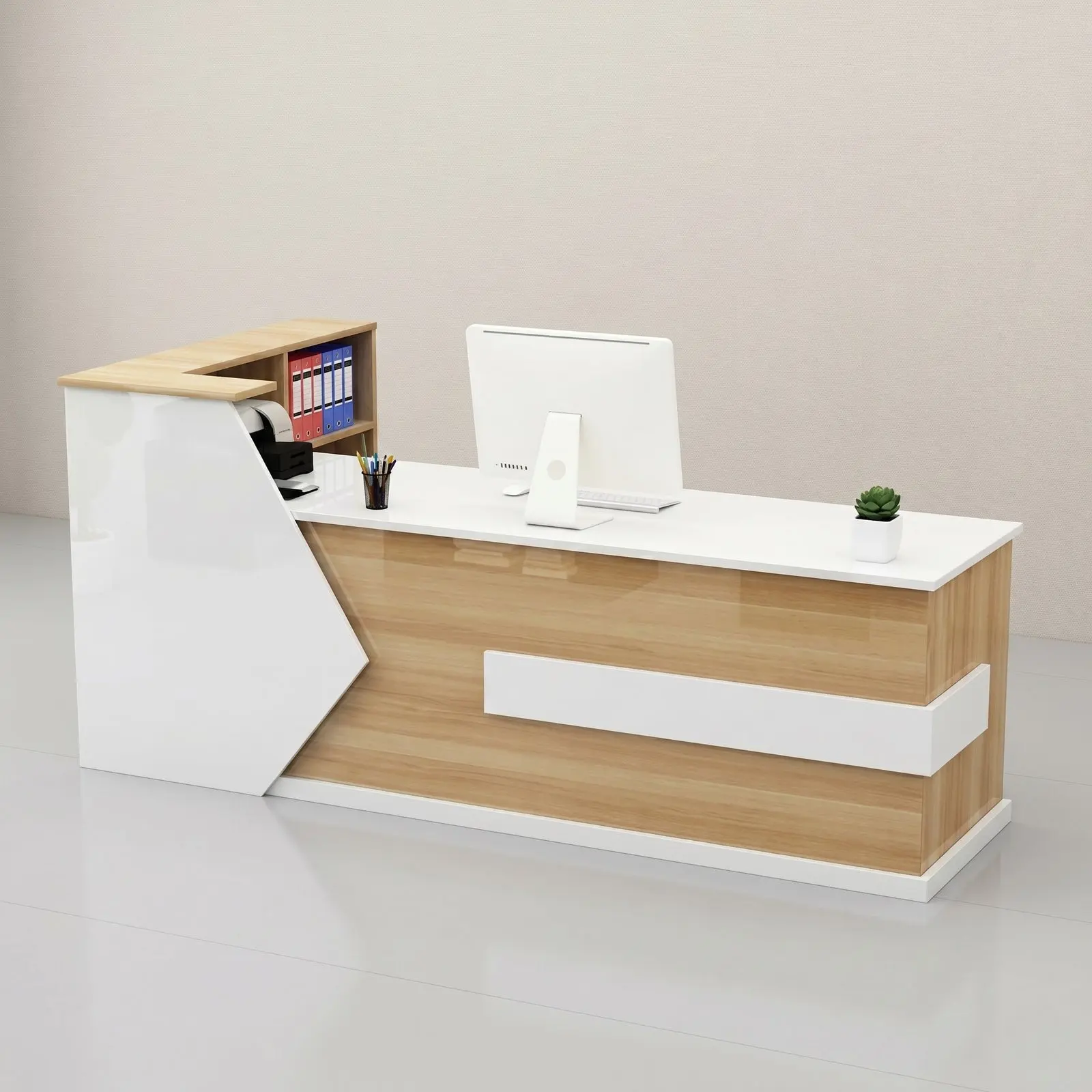 L-Shaped Reception Desk with Raised Transaction Counter & Binder Shelf – White & Oak
