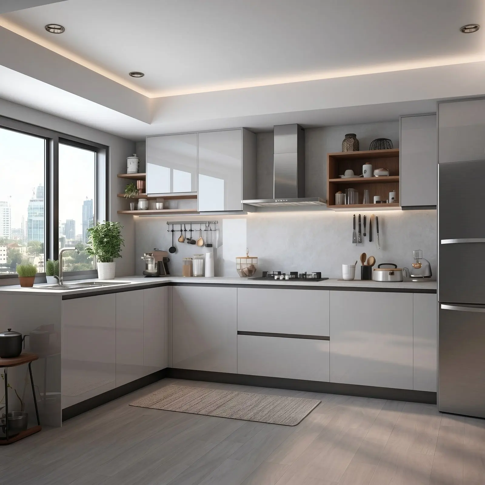 Light Grey Gloss L-Shaped Modular Kitchen with White Upper Cabinets, Open Walnut Shelves and Stainless Steel Appliances