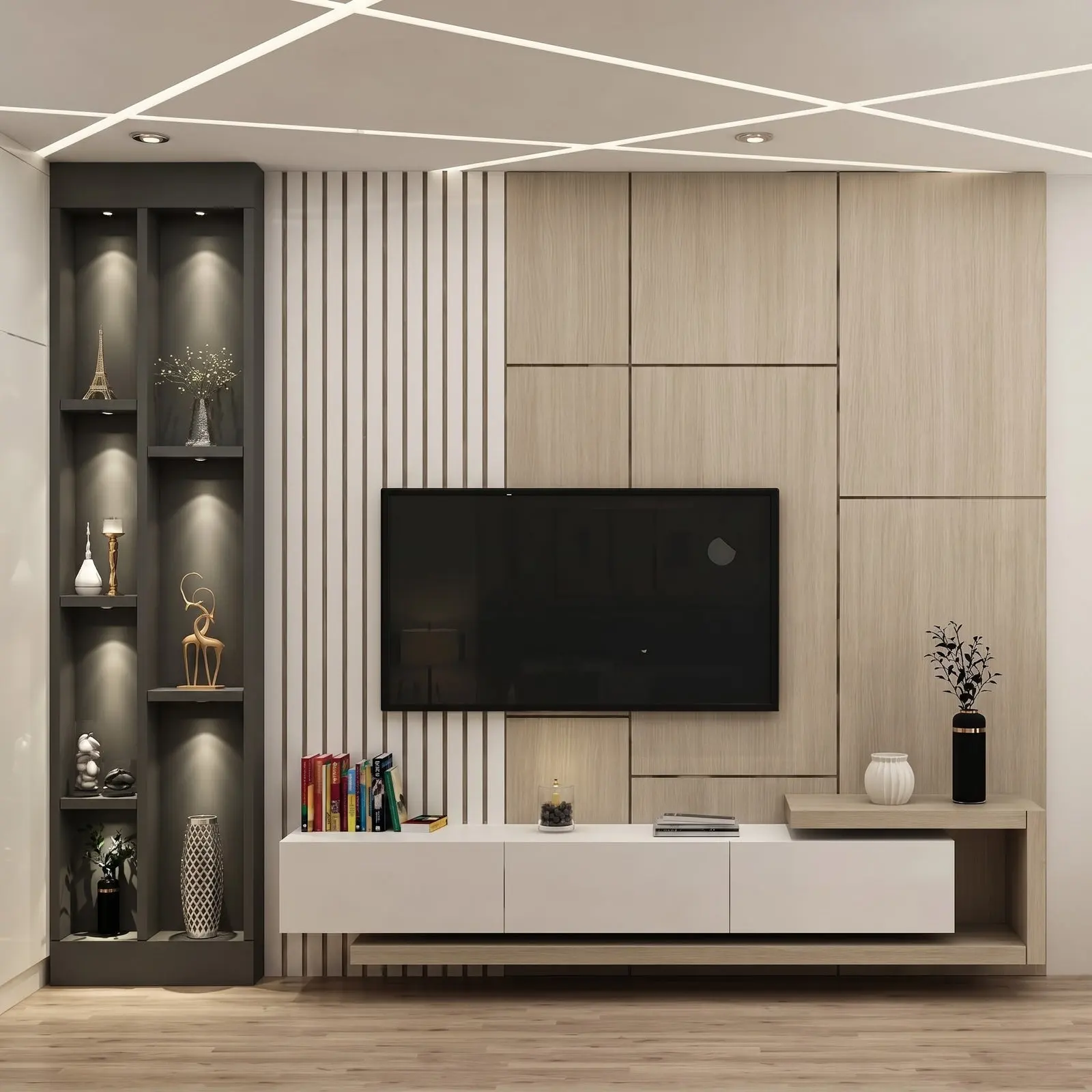 Light Oak & Charcoal Modular TV Wall Unit with Fluted Panels and Display Shelves