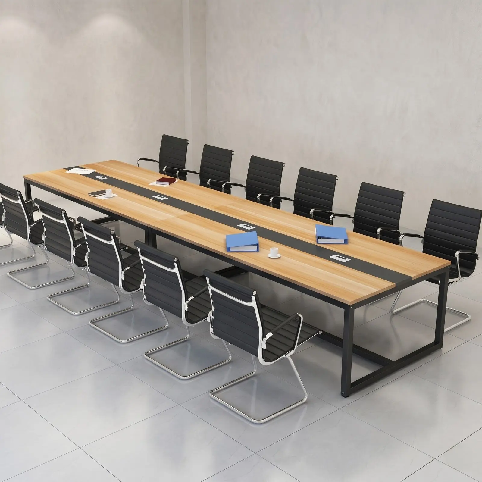 Long Conference Table with Cable Management Strip & Black Frame – Oak & Black
