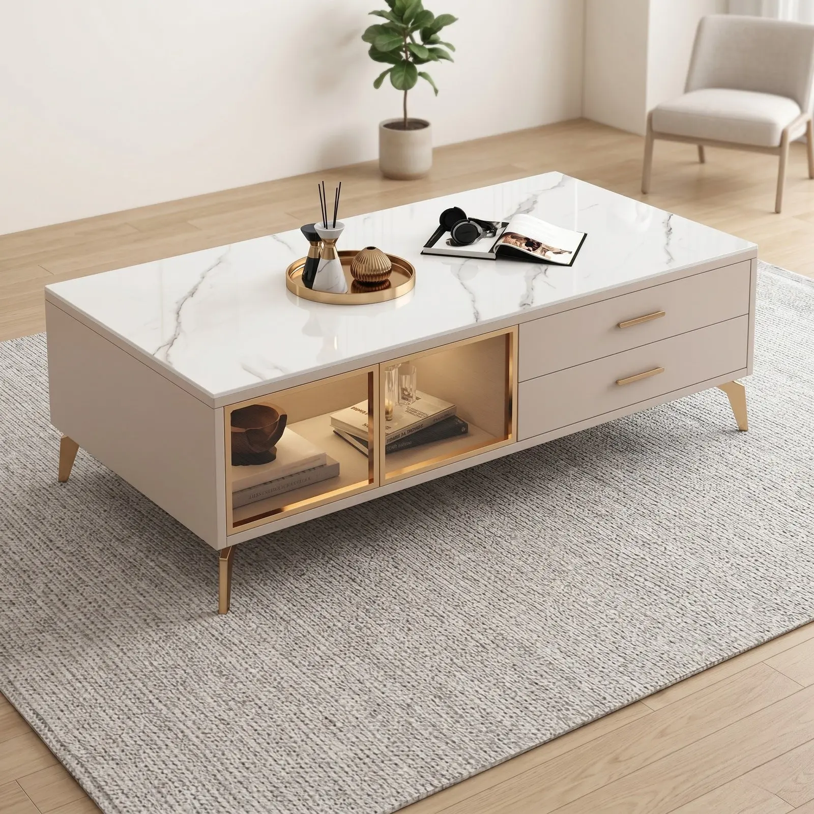 Marble-Top Coffee Table with LED-Lit Glass Cabinet, Dual Drawers & Gold Legs