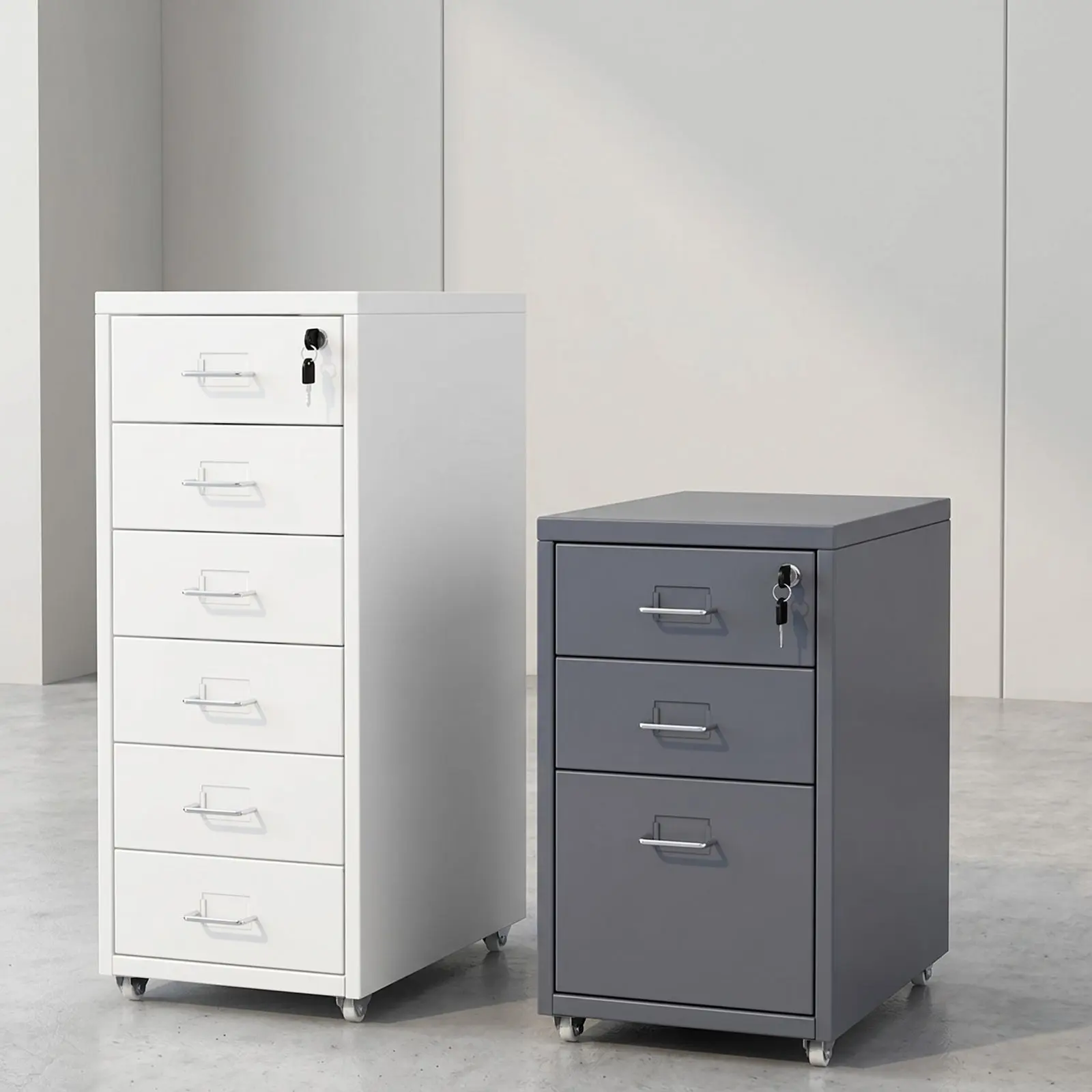 Metal Mobile File Pedestal – 6-Drawer White & 3-Drawer Grey