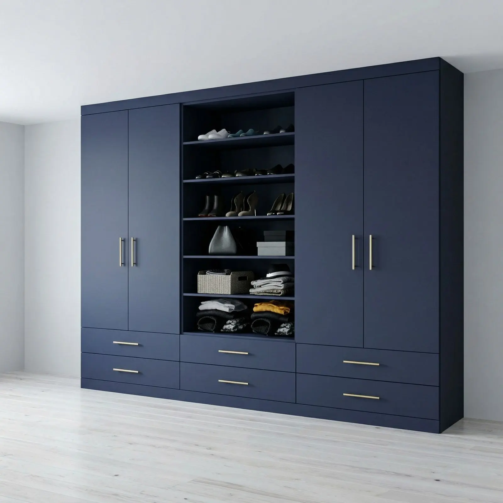 Midnight Navy Four-Door Wardrobe with Centre Open Shoe & Display Shelves, Eight Base Drawers and Gold Handles