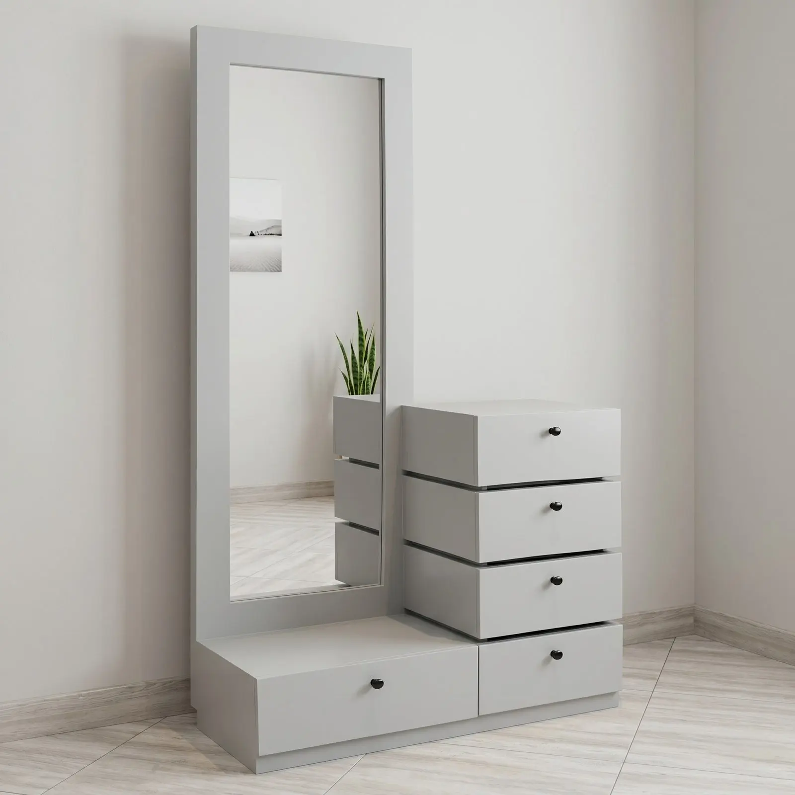 Minimalist Matte Grey Dressing Unit with Full-Length Mirror & Five-Drawer Chest