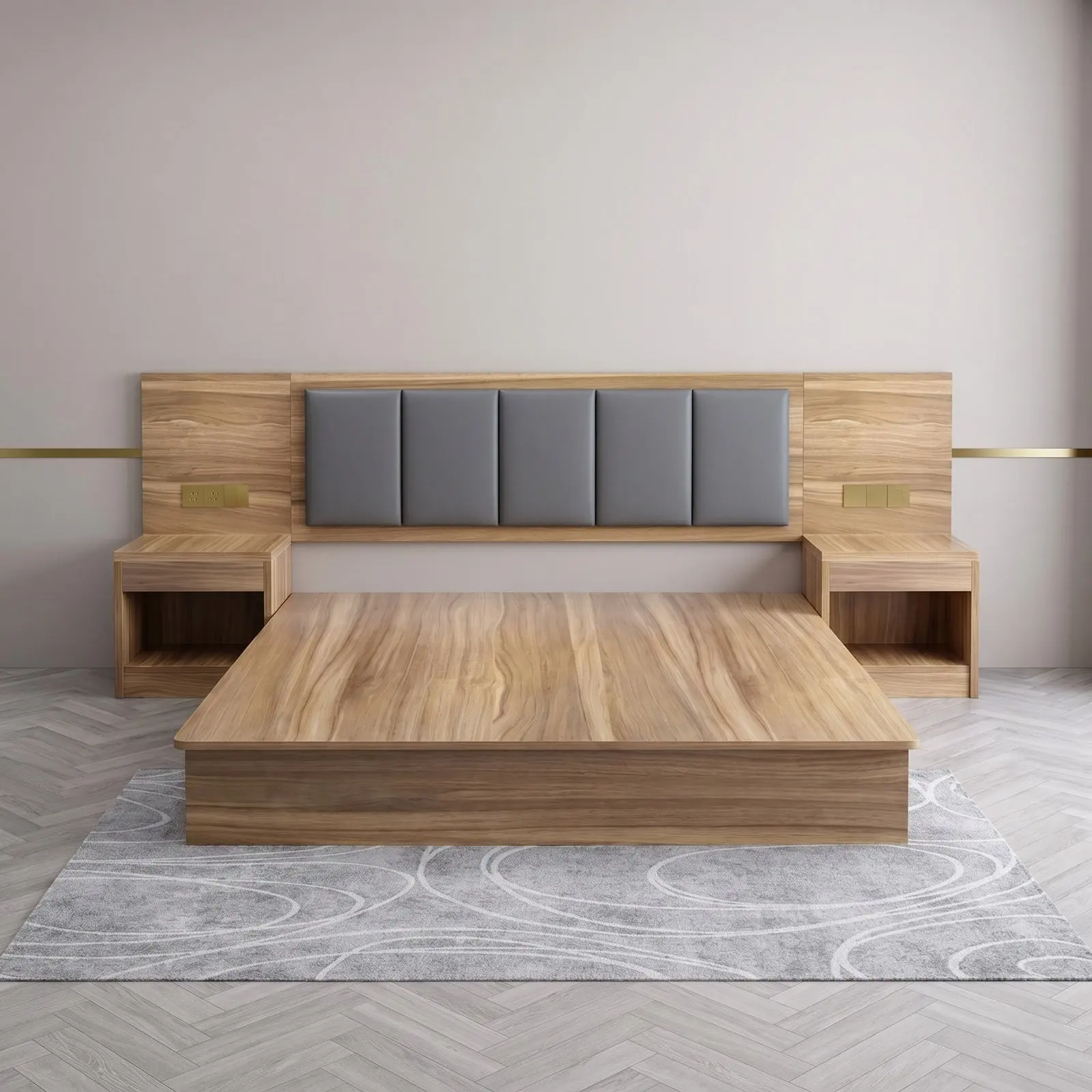 Natural Oak Platform Bed with Grey Upholstered Headboard Panels, Gold Accents and Integrated Bedside Niches