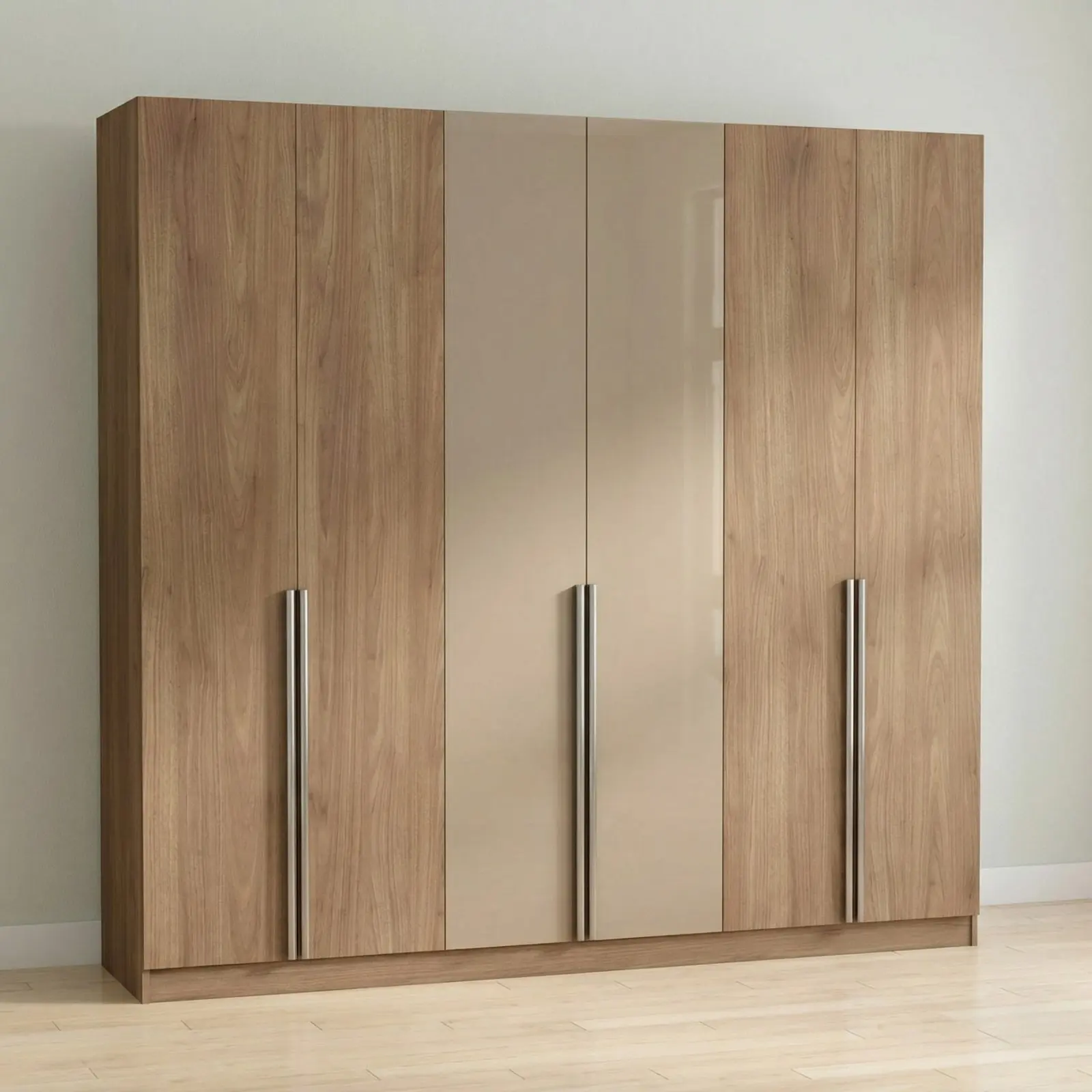 Oak & Champagne Gloss Six-Door Wardrobe with Centre High-Gloss Panels and Brushed Steel Handles