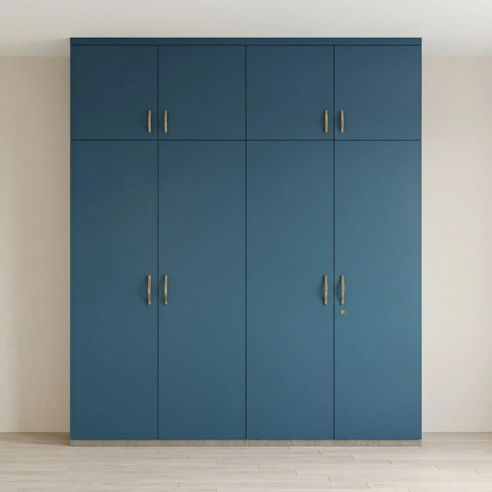 Petrol Blue Matte Four-Door Wardrobe with Loft Cabinets and Brushed Gold Handles