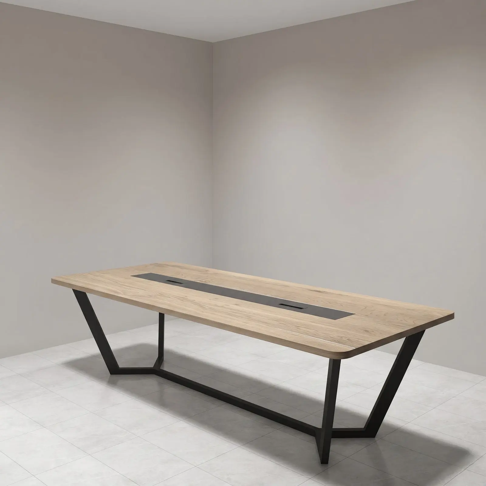 Rectangular Conference Table with V-Frame Legs & Cable Management – Oak & Black