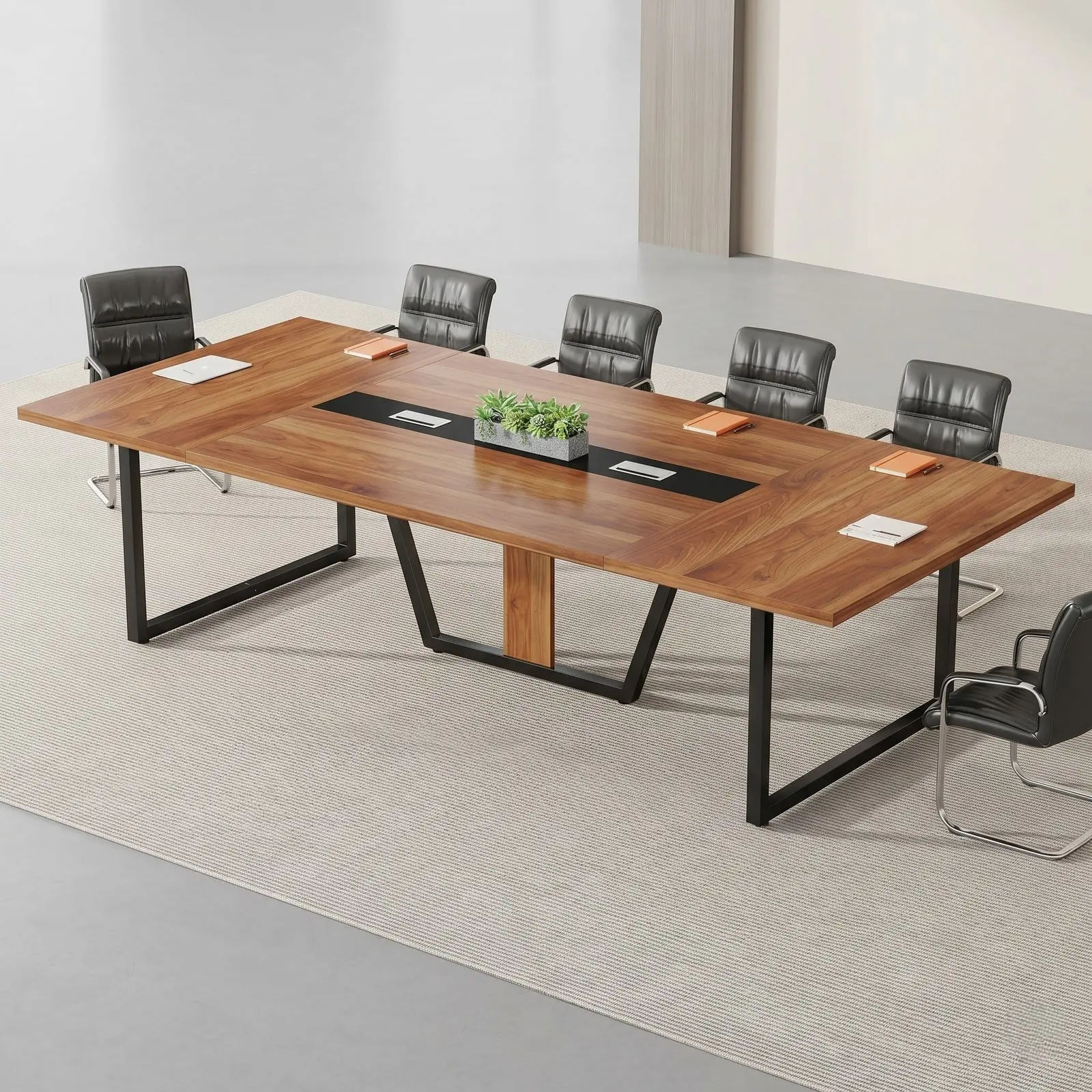 Rectangular Conference Table with V-Frame Legs & Walnut Column – Warm Walnut & Black