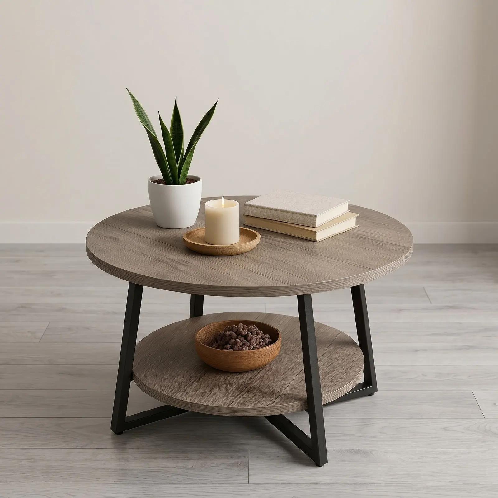Round Grey Oak Coffee Table with Black Steel Tripod Frame & Lower Display Shelf