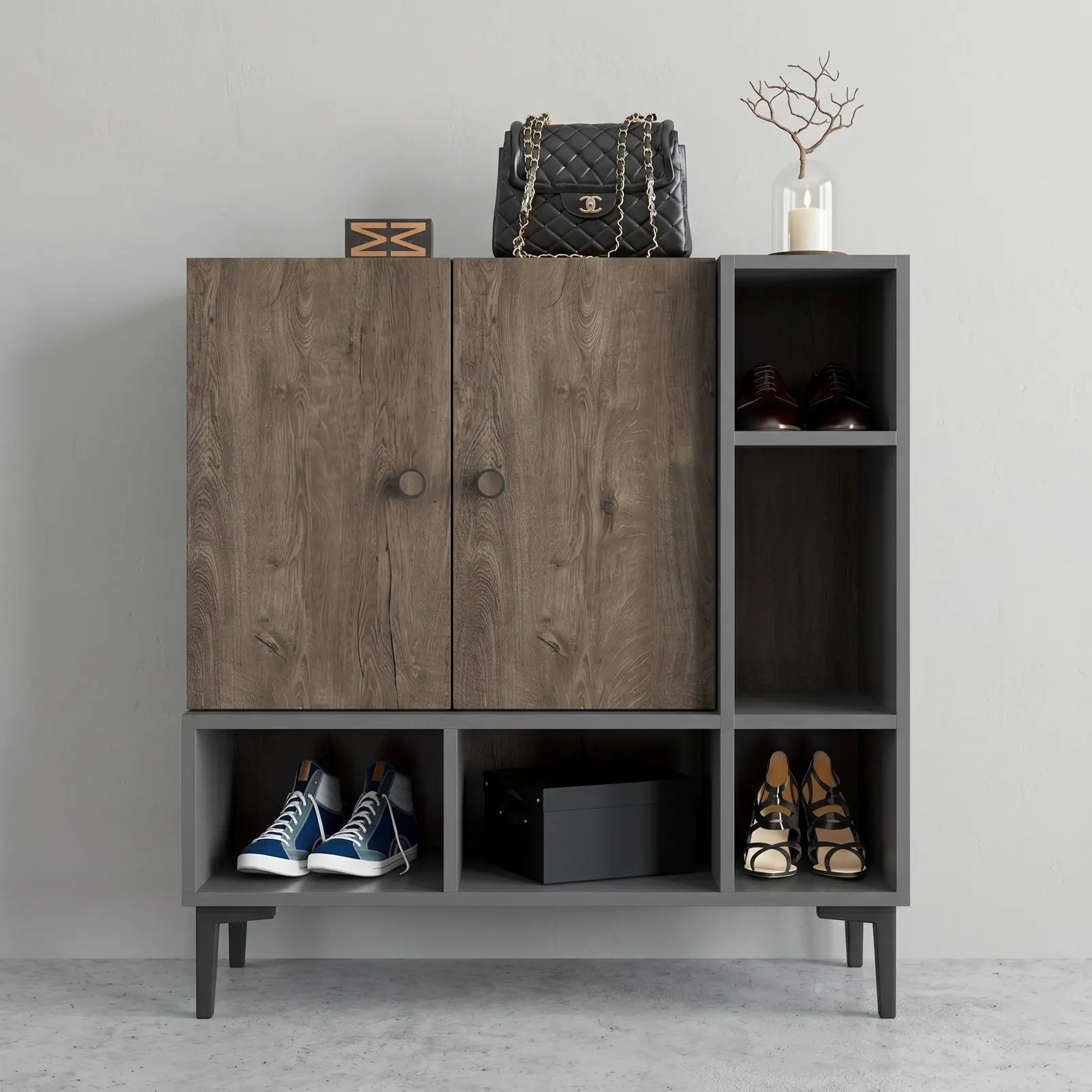 Rustic Oak & Charcoal Grey Entryway Shoe Cabinet with Two Concealed Doors, Three Open Side Niches and Three Open Base Compartments on Tapered Legs