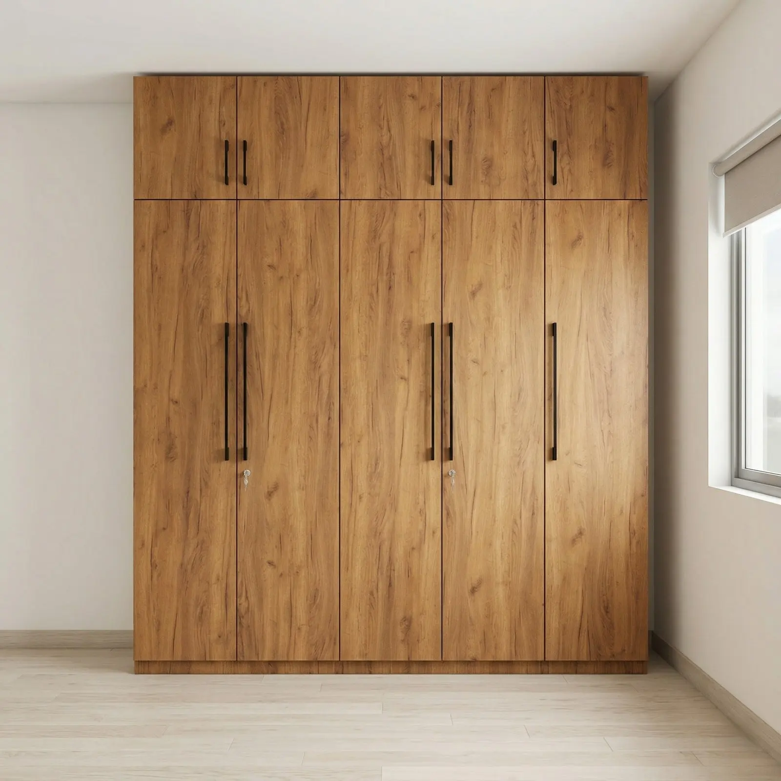 Rustic Walnut Floor-to-Ceiling Wardrobe with Loft Storage and Slim Black Metal Handles