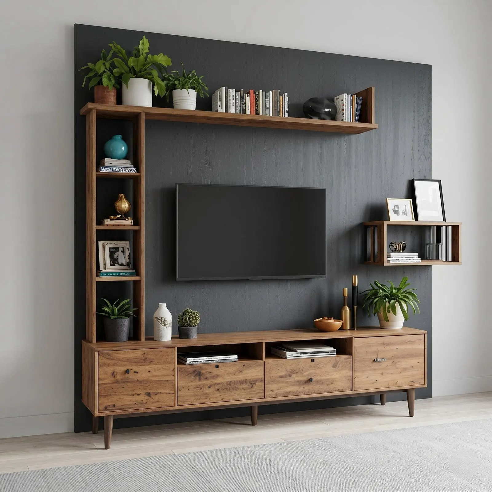 Rustic Walnut Mid-Century TV Wall Unit with Tall Display Tower, Full-Width Shelf and Tapered Leg Console