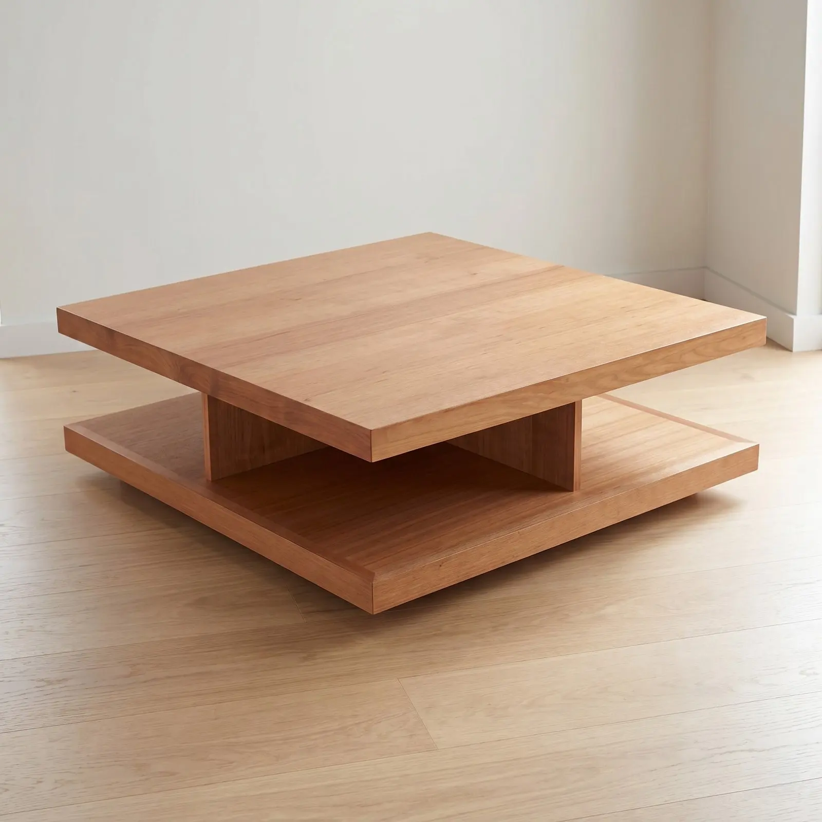 Square Solid Oak Two-Tier Coffee Table with Floating Platform Base