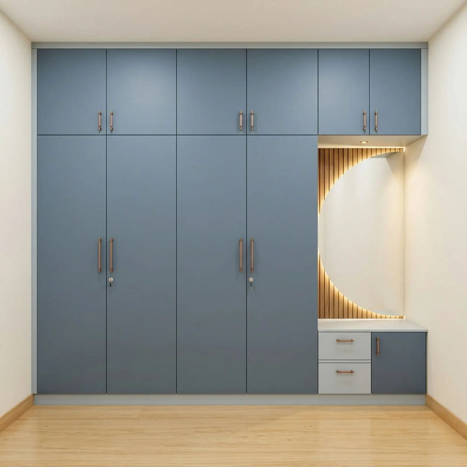 Steel Blue Wardrobe with Loft Cabinets, Integrated Oak Slat Dressing Nook, Round LED Mirror and Drawers
