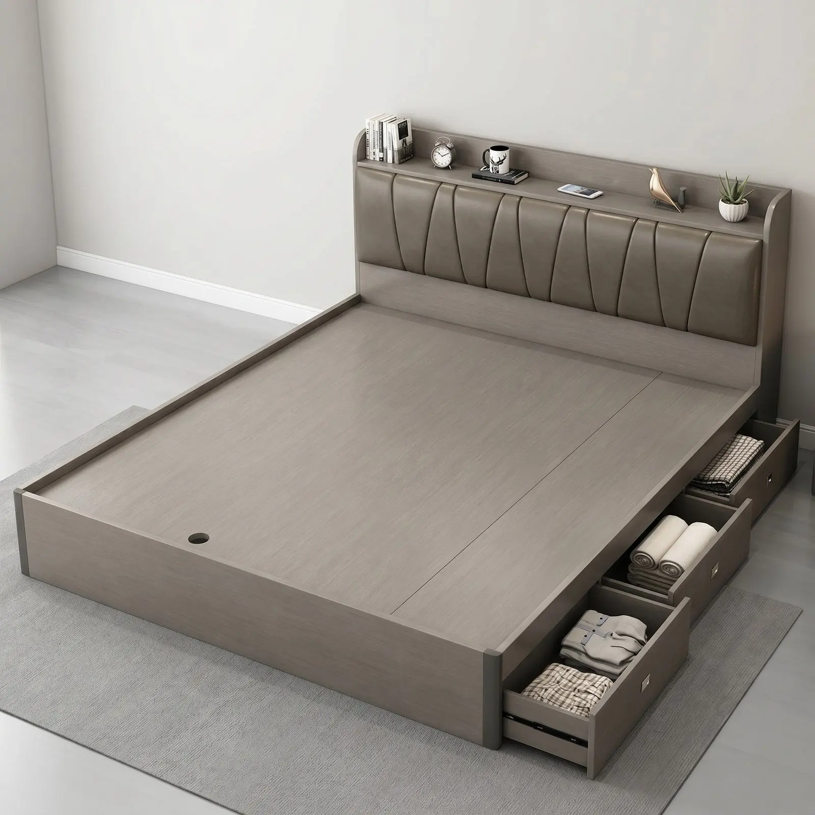 Taupe Leather Storage Bed with Vertical Stitched Headboard, Top Shelf and Side Drawers