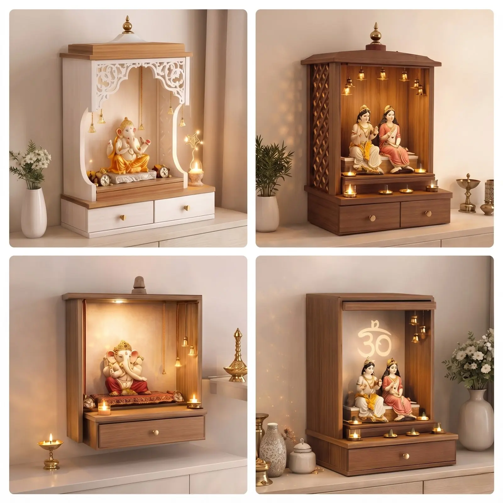 Traditional Wooden Home Mandir Collection — Four Styles with Jali Arch, Diamond Lattice, Wall-Mounted and Om Backlit Designs with Suspended Bells, LED Lighting and Drawers