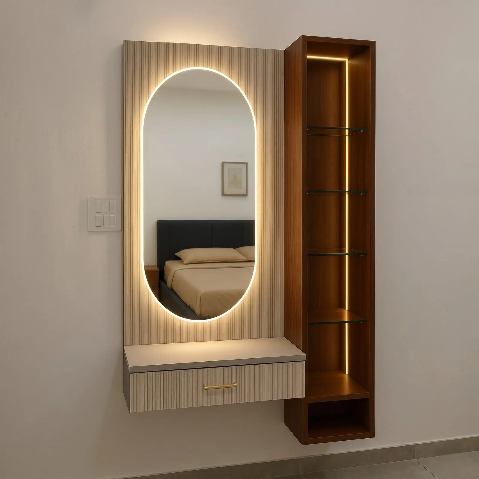 Wall-Mounted Dressing Unit with LED Oval Mirror & Side Shelving Tower