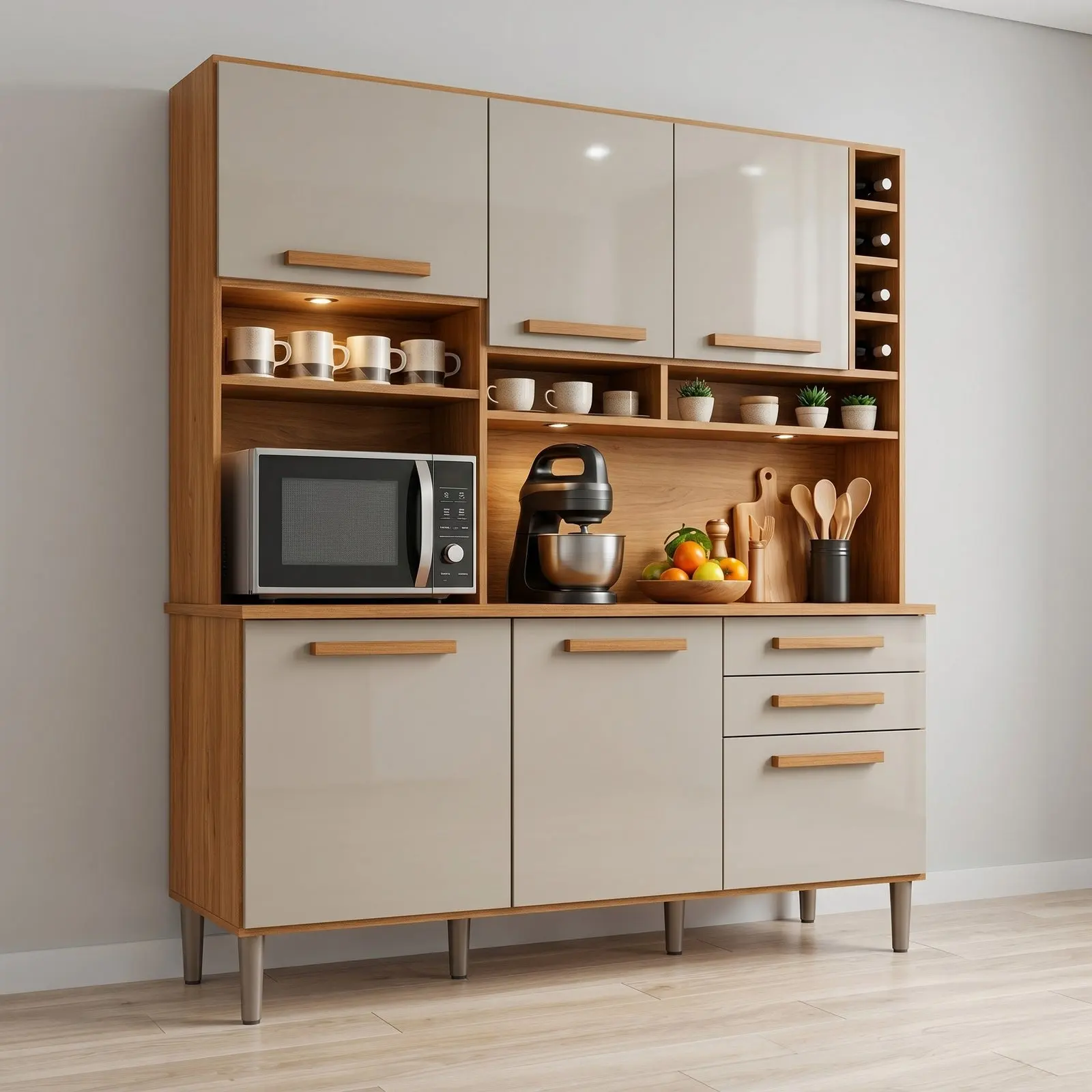 Walnut & Cream Gloss Full-Height Kitchen Crockery Unit with LED-Lit Open Mug Shelves, Wine Rack, Appliance Countertop, Three Lower Cabinets and Three Drawers