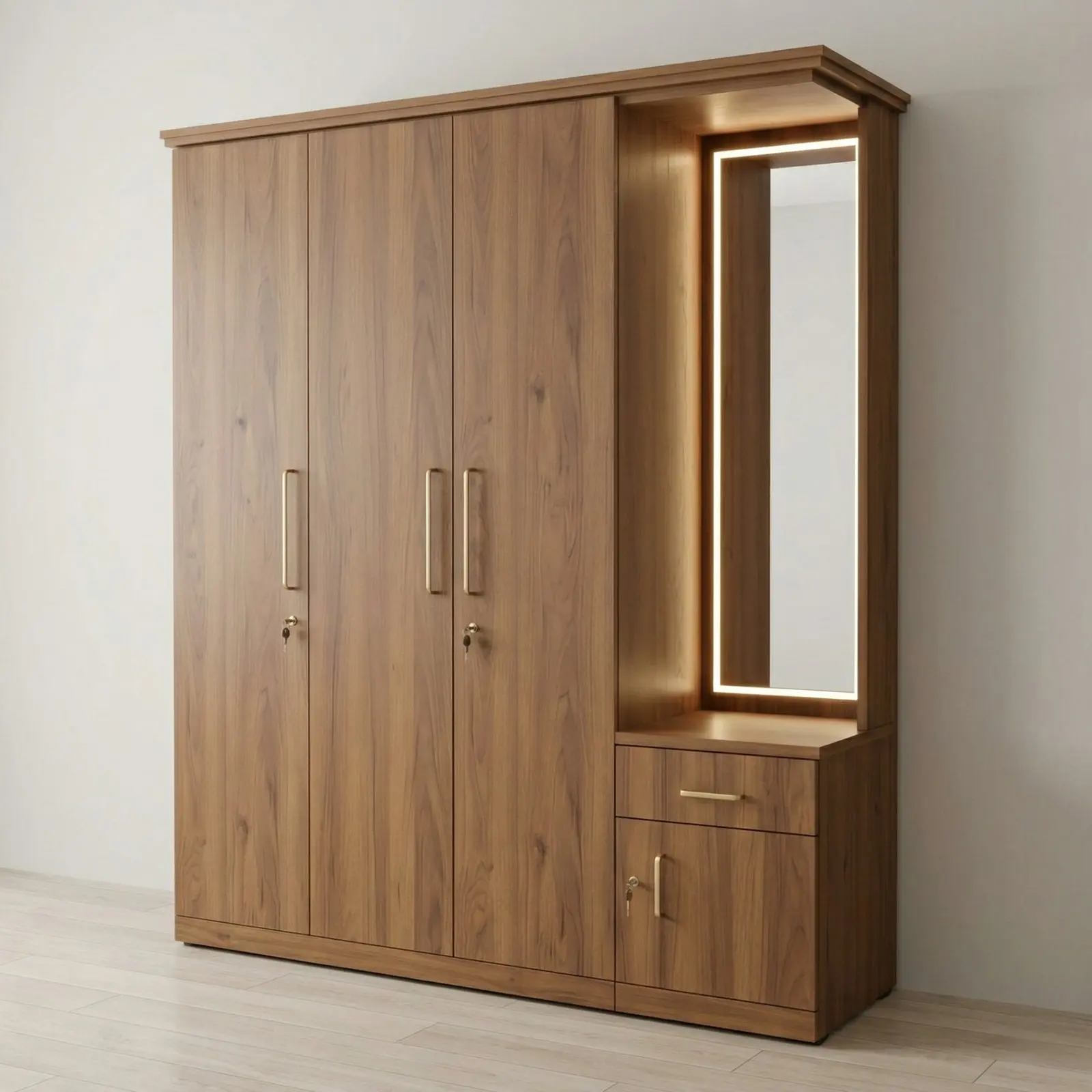 Walnut Four-Door Wardrobe with Integrated LED Vanity Mirror, Dressing Shelf and Lockable Doors