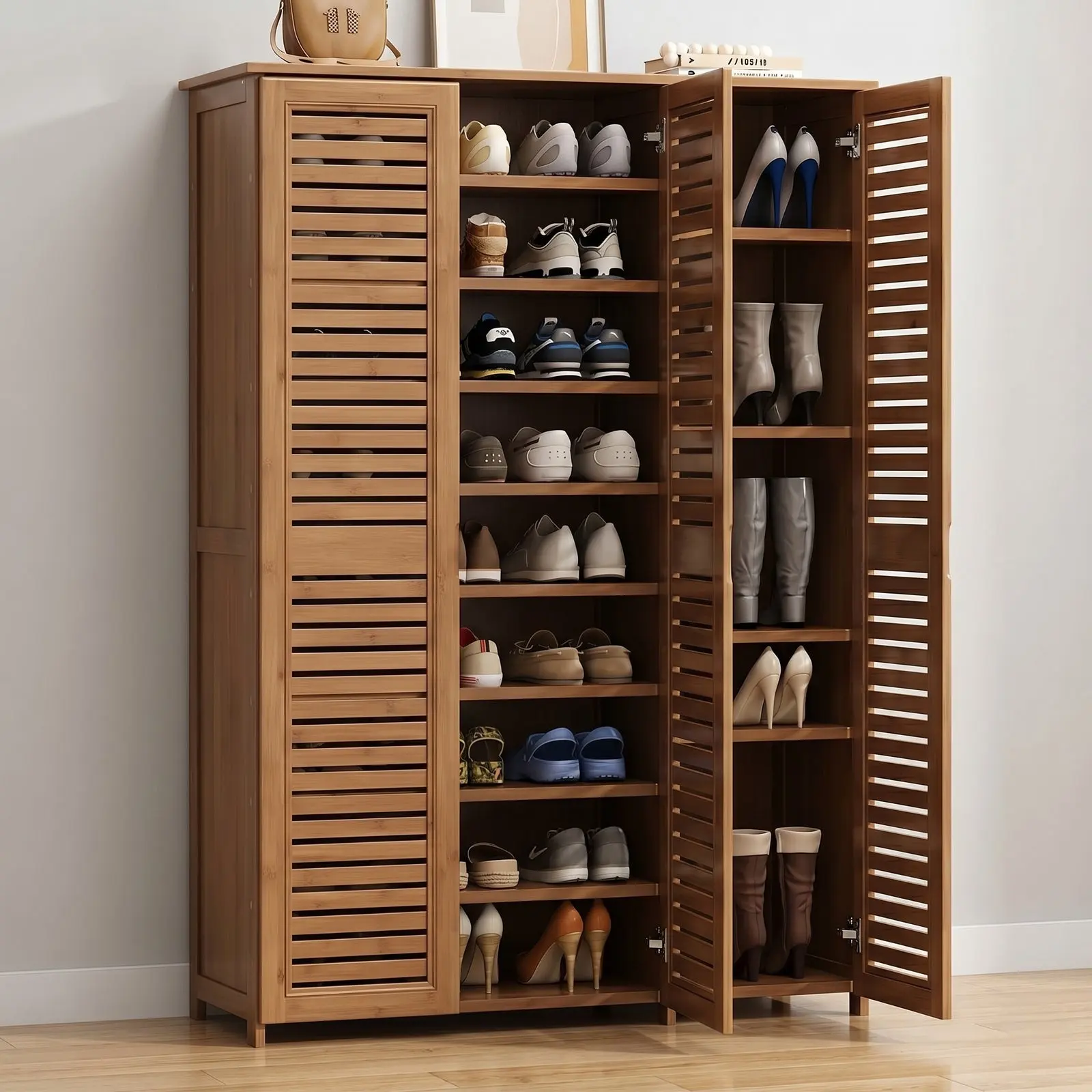 Walnut Full-Height Three-Door Louvred Shoe Wardrobe with Nine Open Shelves Per Section, Boot Storage and Open Display Top