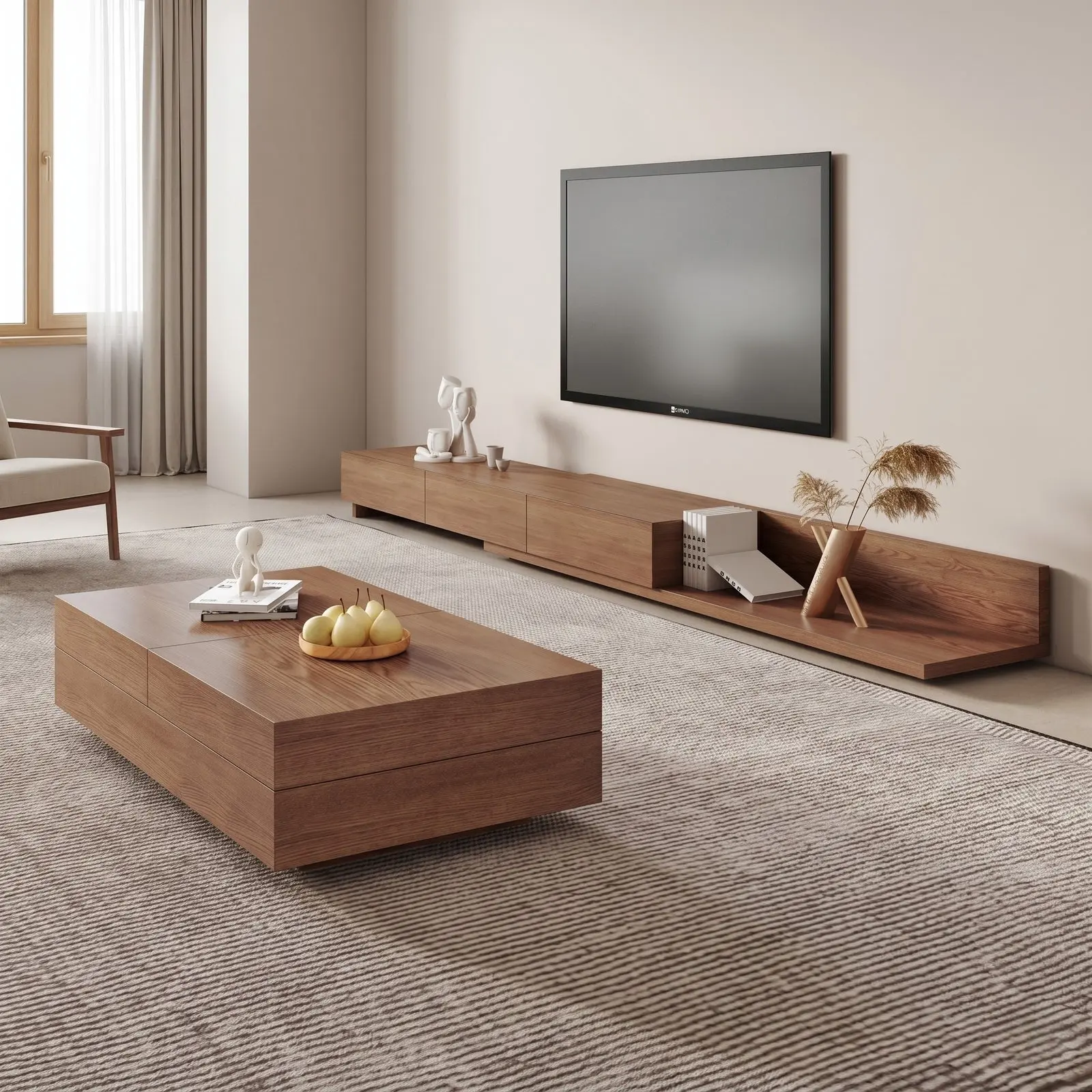 Walnut Japandi Low-Profile TV Console and Coffee Table Set with Open Display Shelf