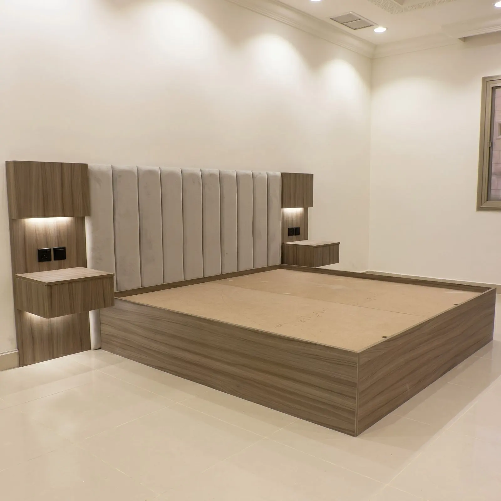 Walnut Platform Bed with Fluted Upholstered Headboard and Integrated LED Bedside Units